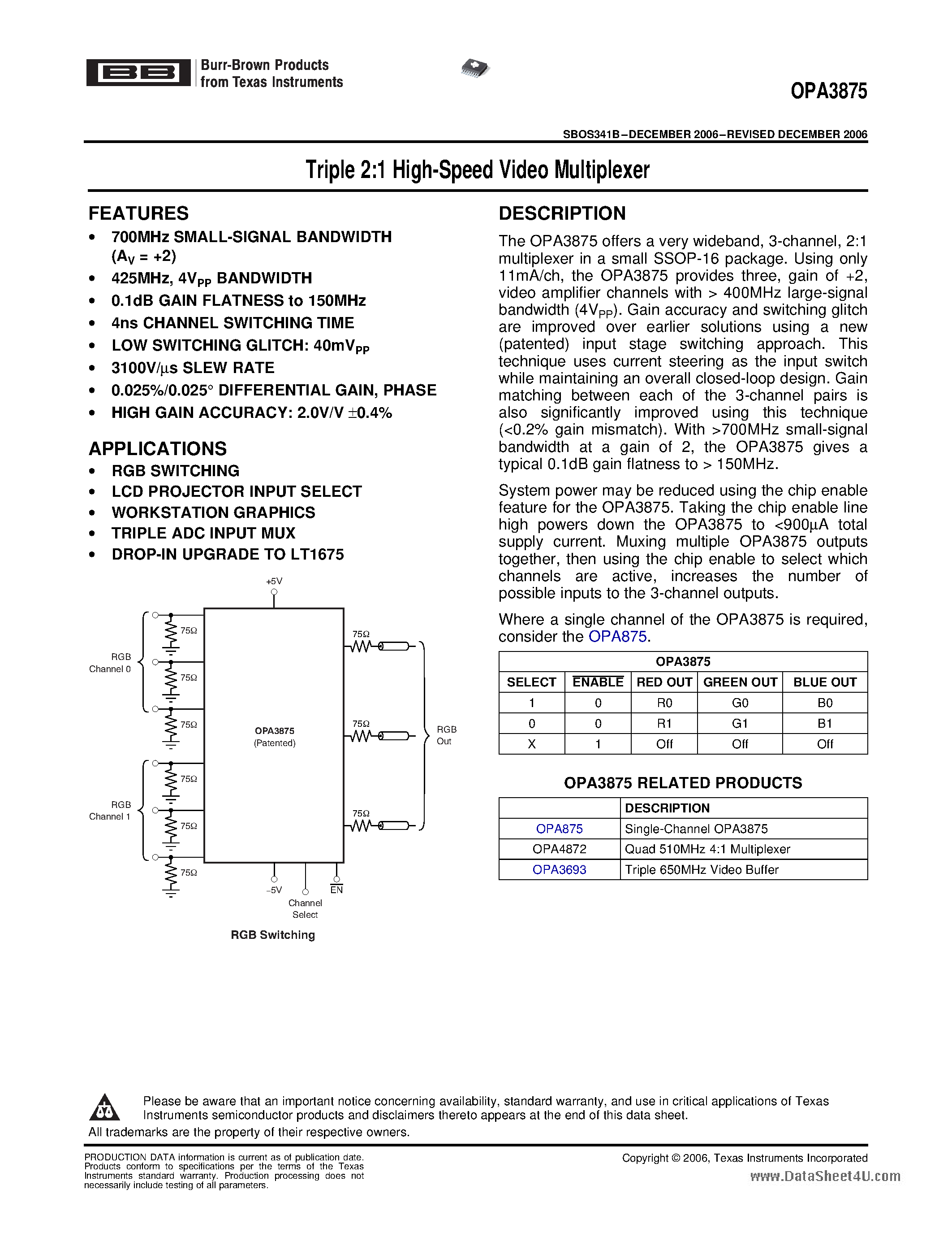 Datasheet OPA4872 - Triple 2:1 High-Speed Video Multiplexer page 1