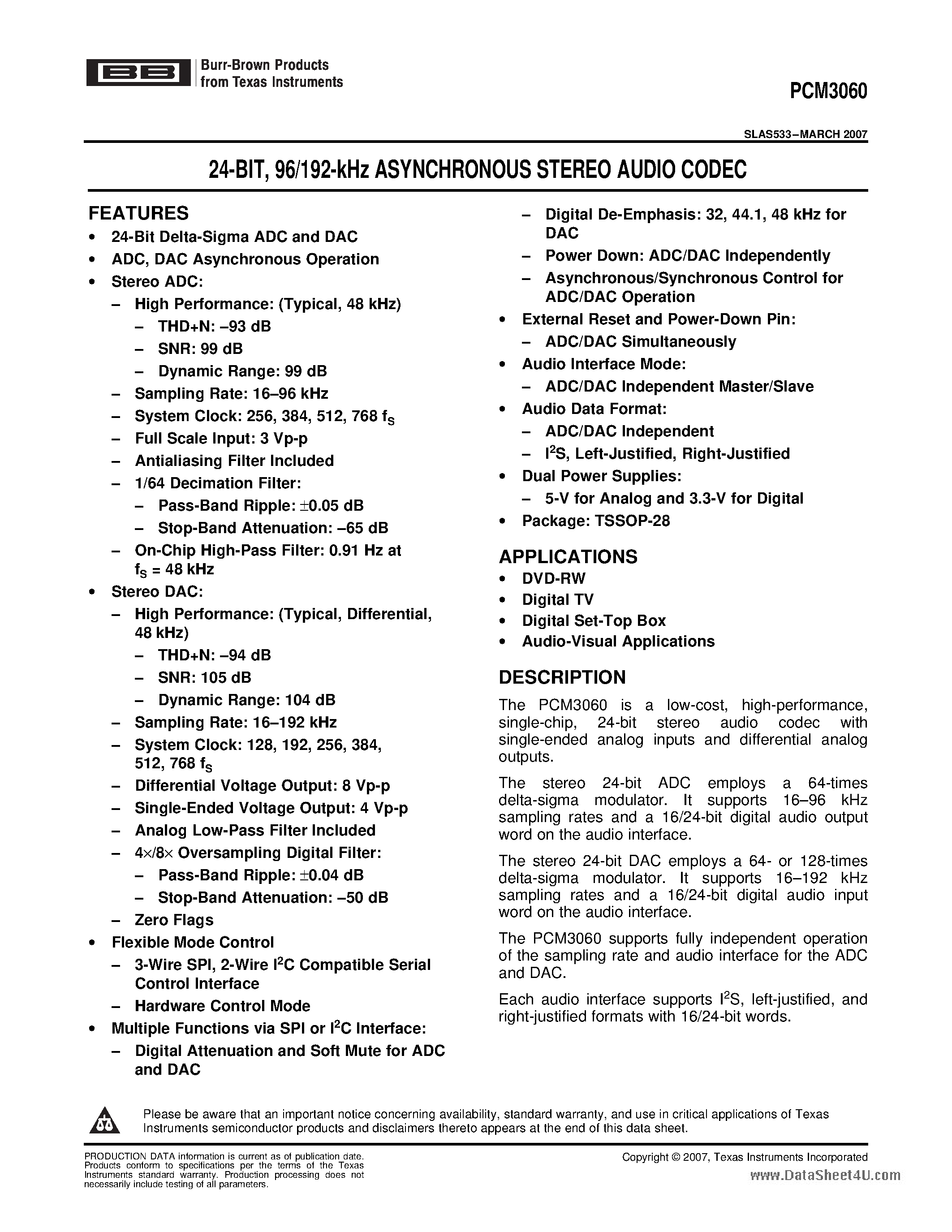 Даташит PCM3060 - 96/192-kHz ASYNCHRONOUS STEREO AUDIO CODEC страница 1