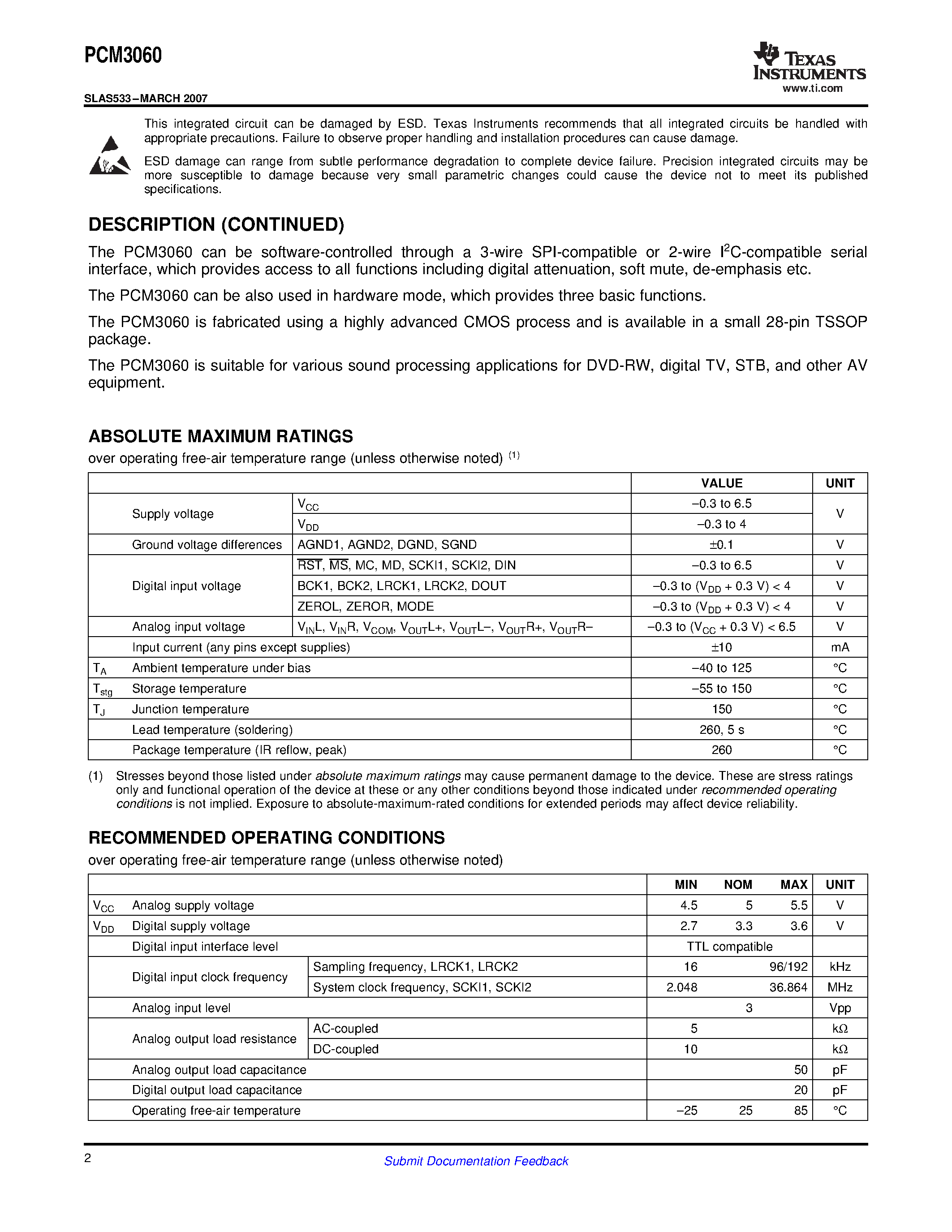 Даташит PCM3060 - 96/192-kHz ASYNCHRONOUS STEREO AUDIO CODEC страница 2