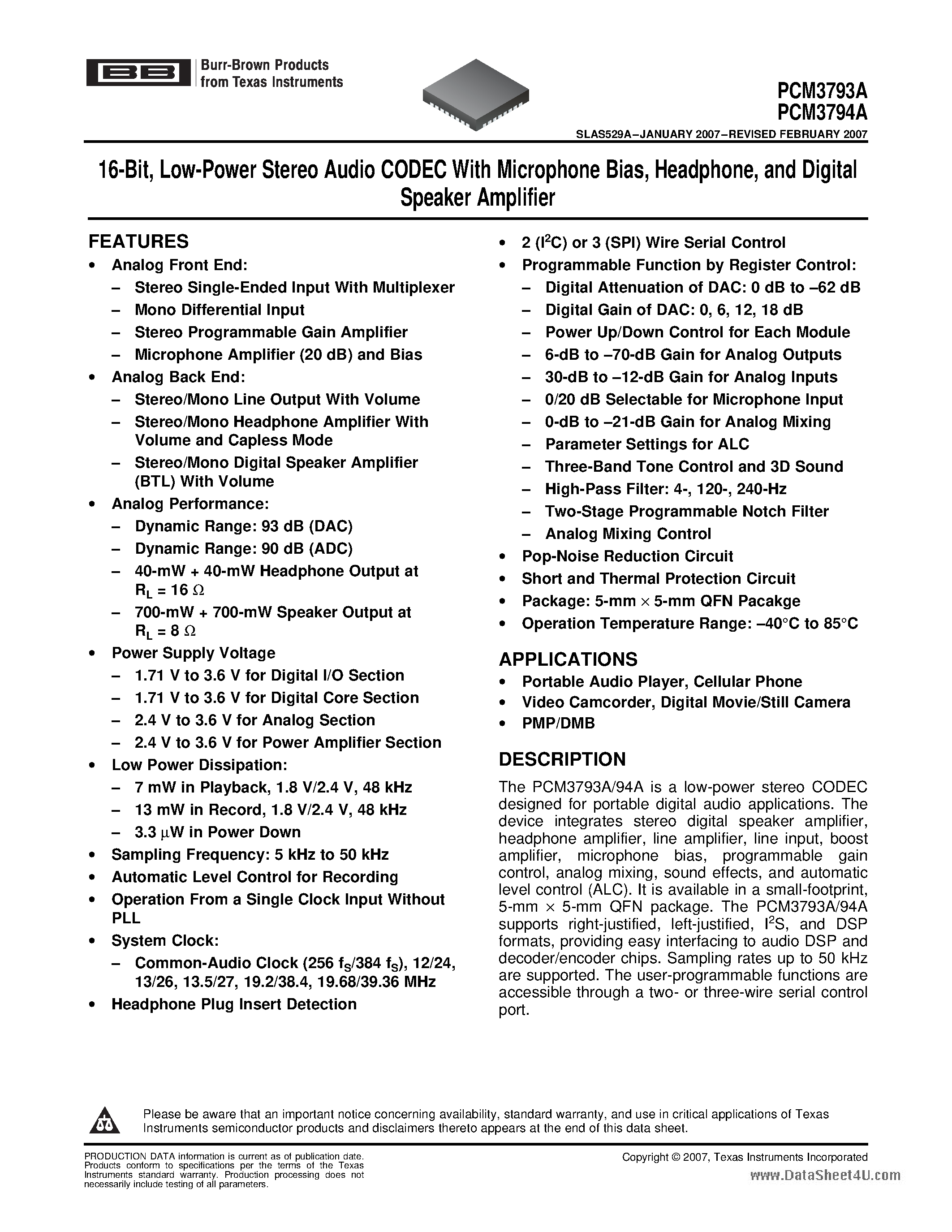 Даташит PCM3793A - (PCM3793A / PCM3794A) Low-Power Stereo Audio CODEC страница 1