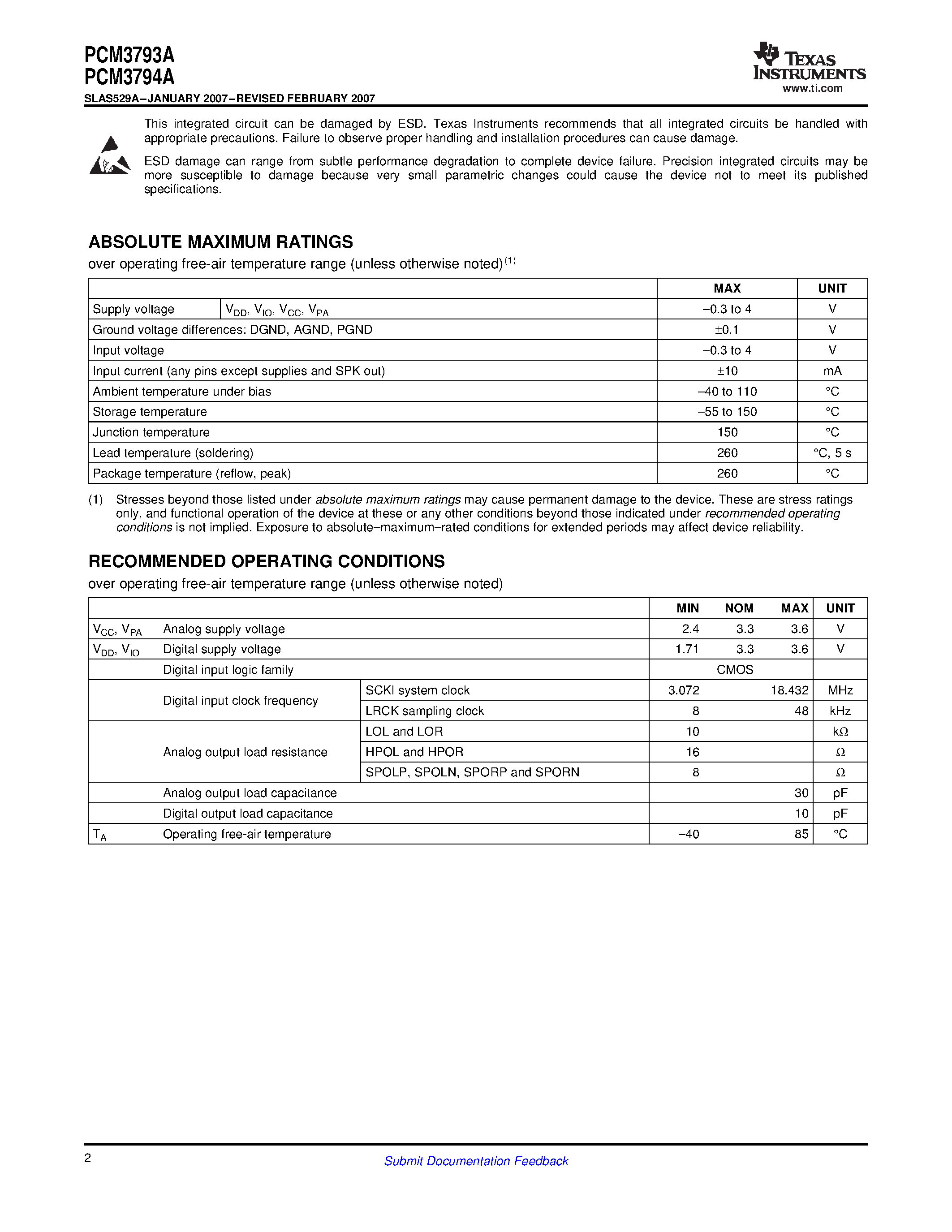 Даташит PCM3793A - (PCM3793A / PCM3794A) Low-Power Stereo Audio CODEC страница 2