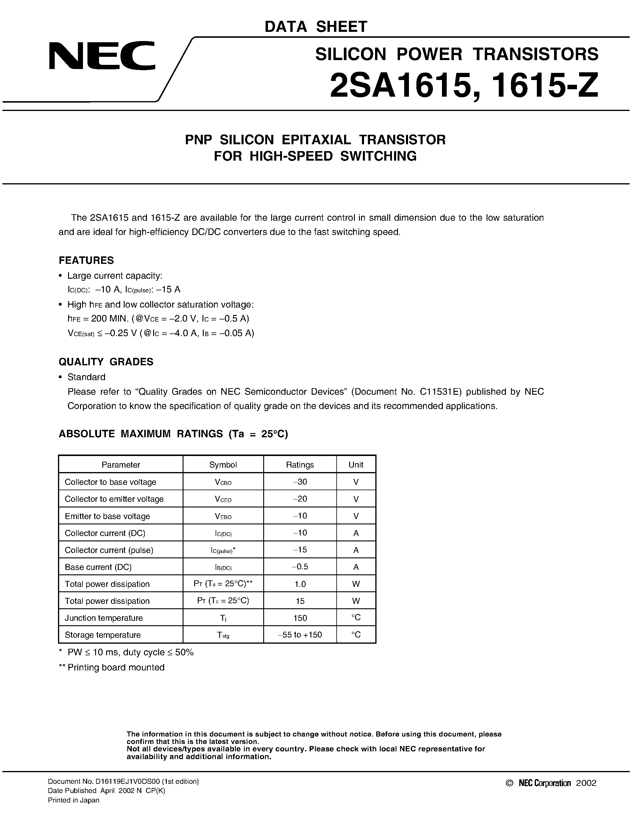 Datasheet 2SA1615 - PNP SILICON EPITAXIAL TRANSISTOR page 1