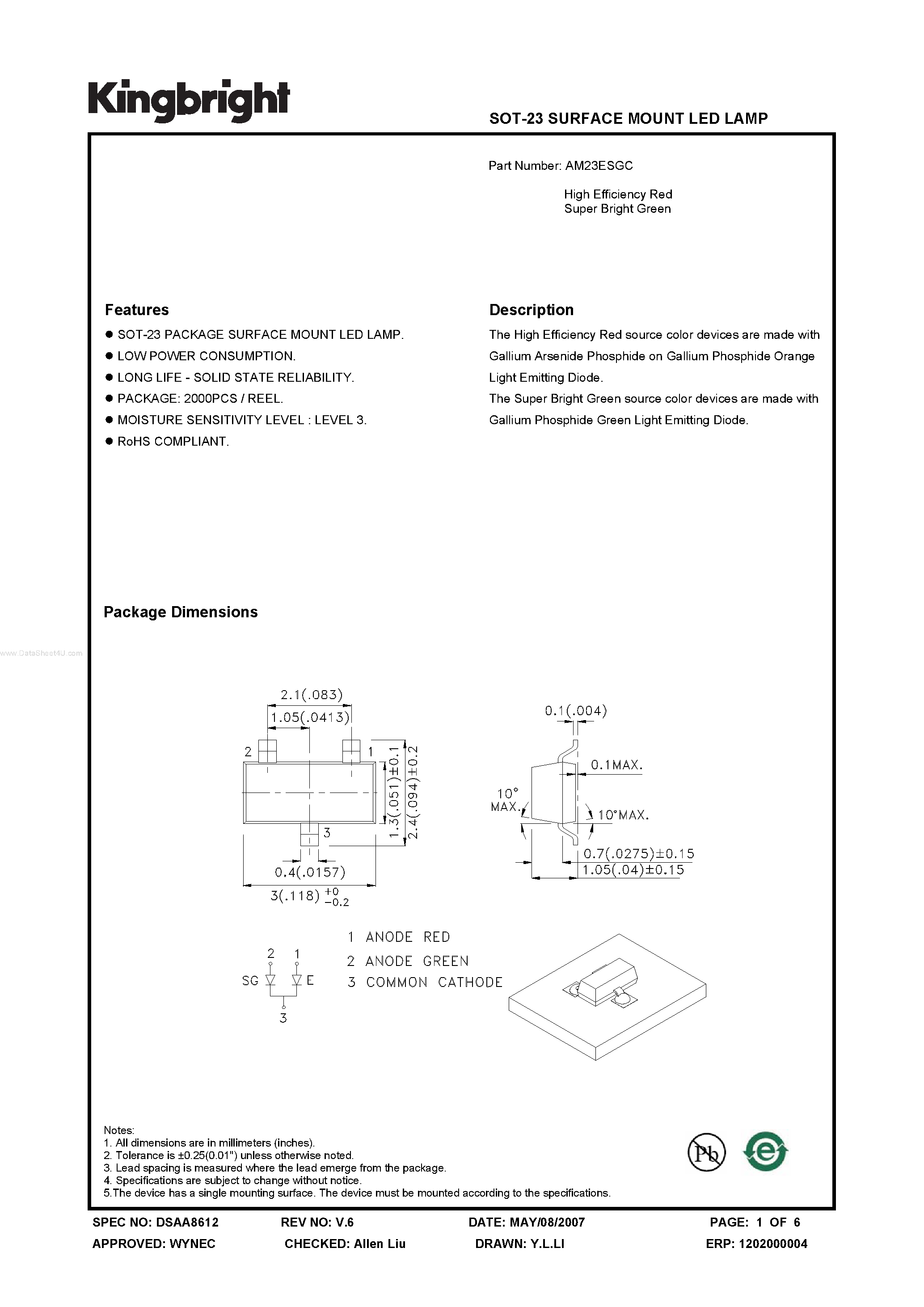 Datasheet AM23ESGC - SOT-23 SURFACE MOUNT LED LAMP page 1