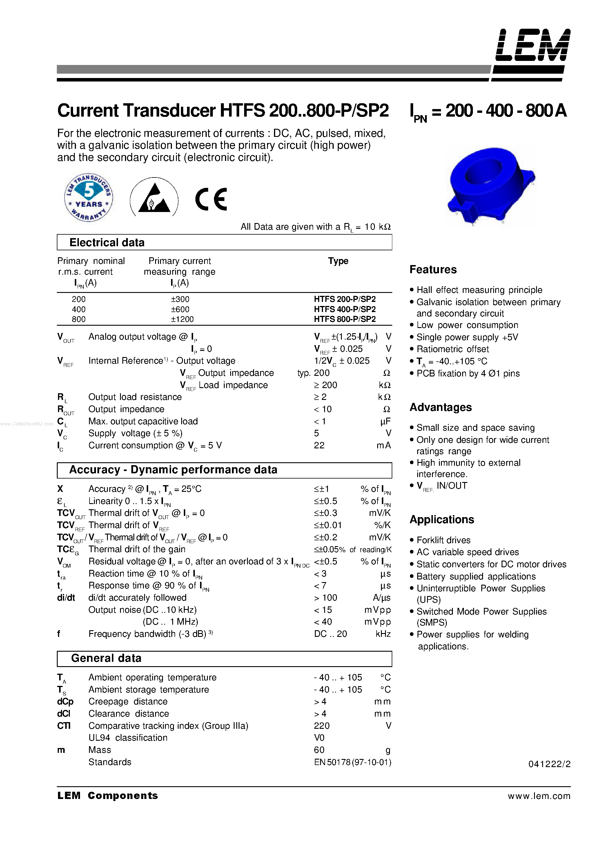 Даташит HTFS200-P - (HTFS200-P - HTFS800-P) Current Transducer страница 1