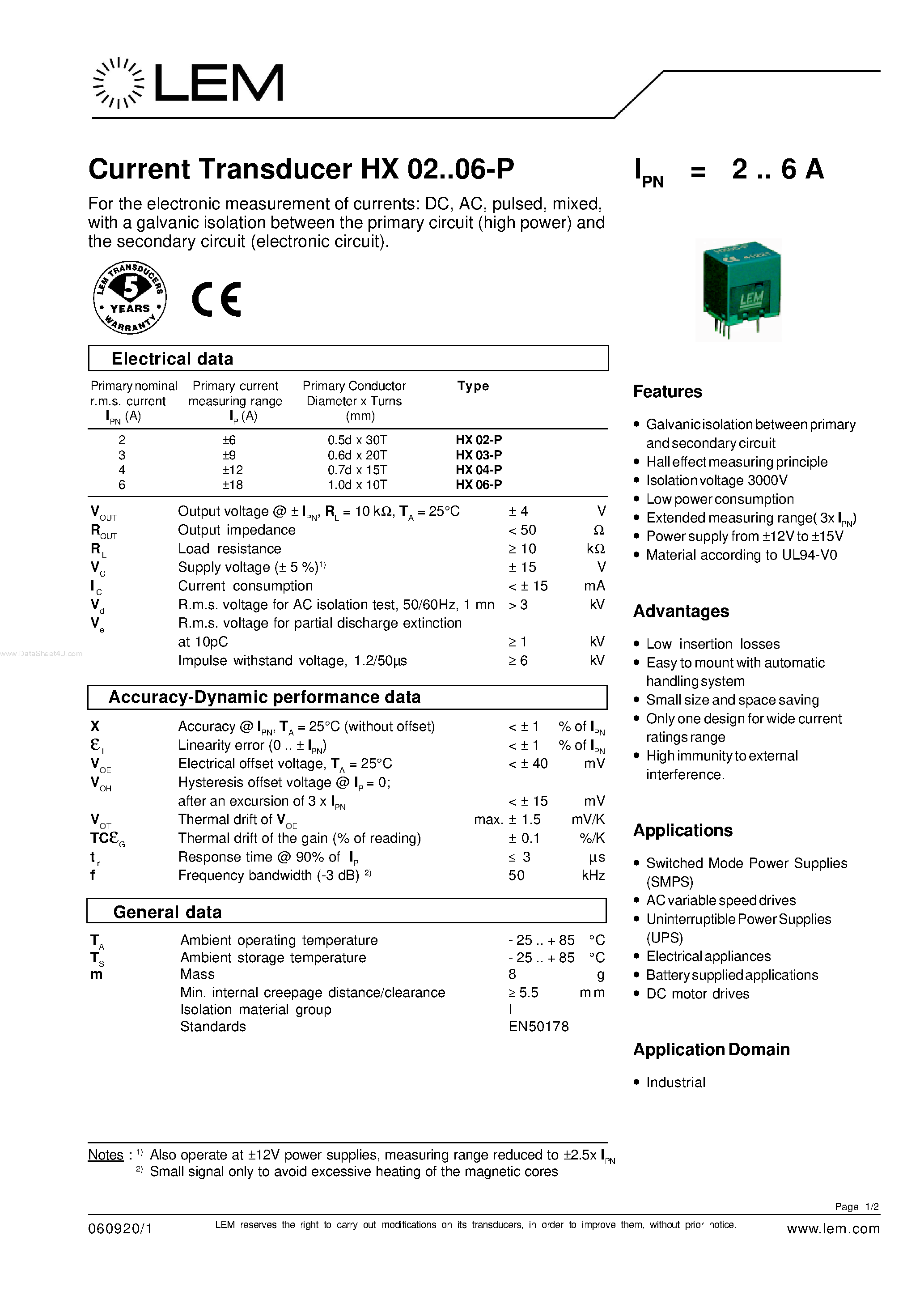 Datasheet HX02-P - (HX02-P - HX06-P) Current Transducer page 1