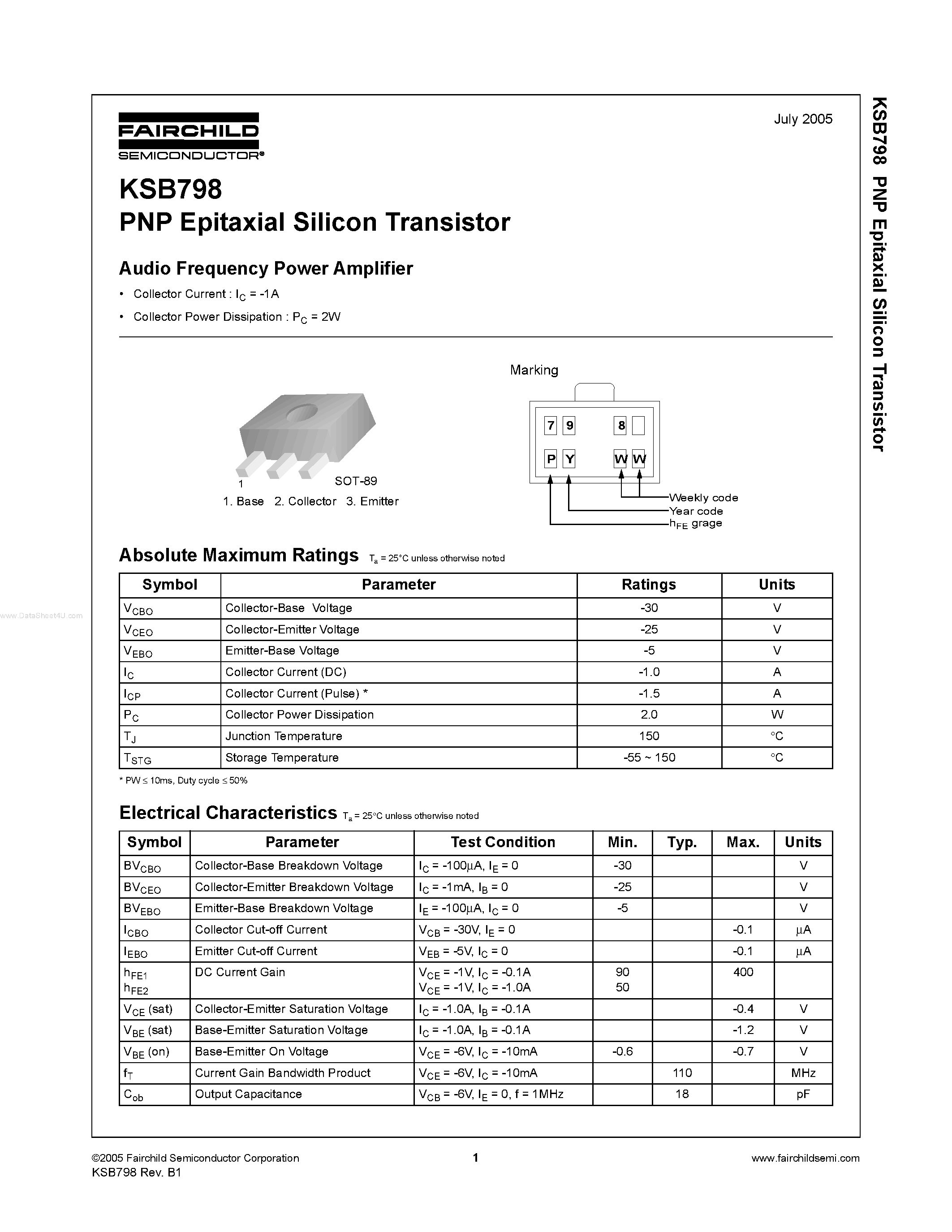Datasheet KSB798 - PNP Epitaxial Silicon Transistor page 1