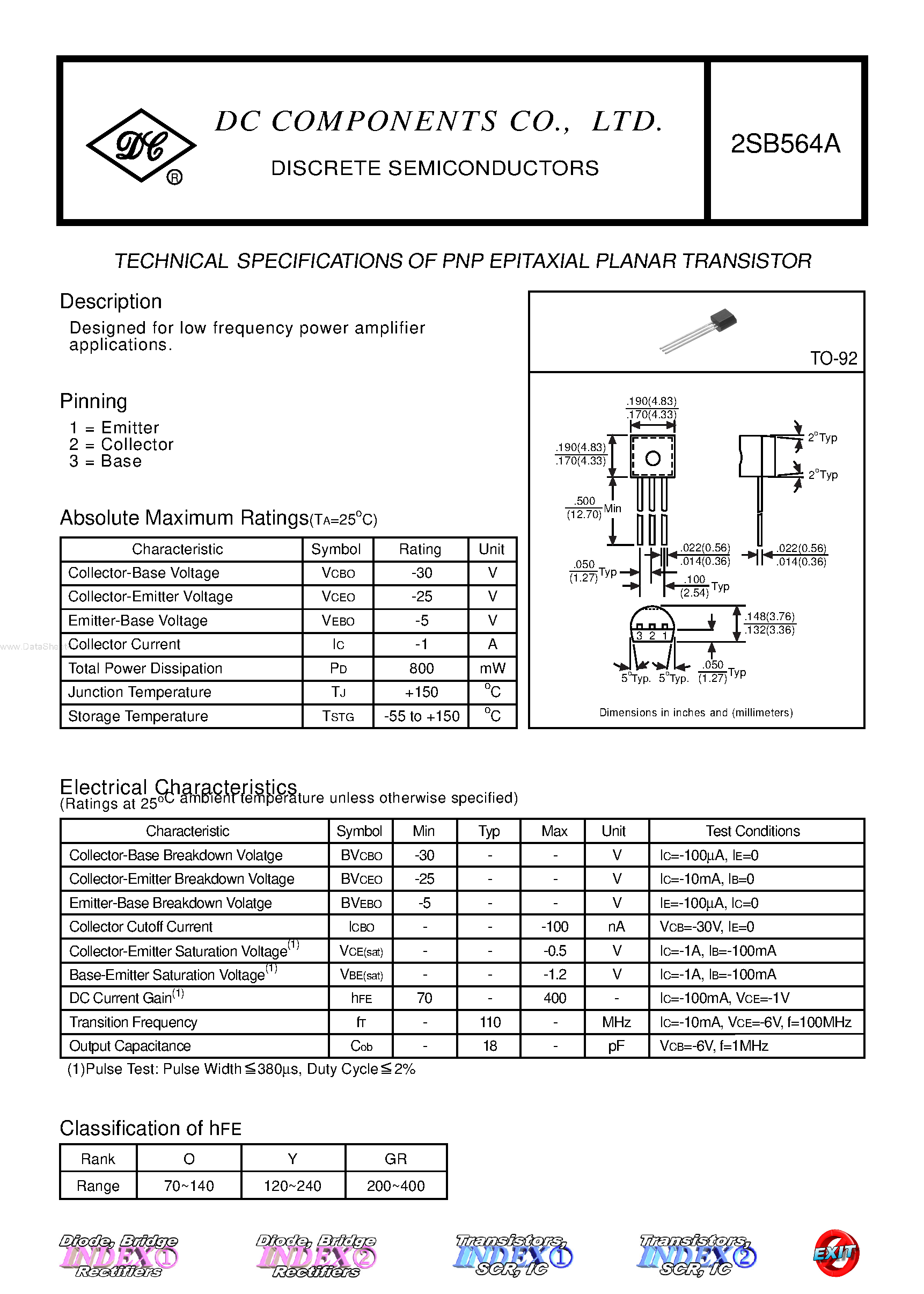 Datasheet 2SB564A page 1 Datasheet 2SB564A - PNP EPITAXIAL PLANAR TRANSISTOR page 1