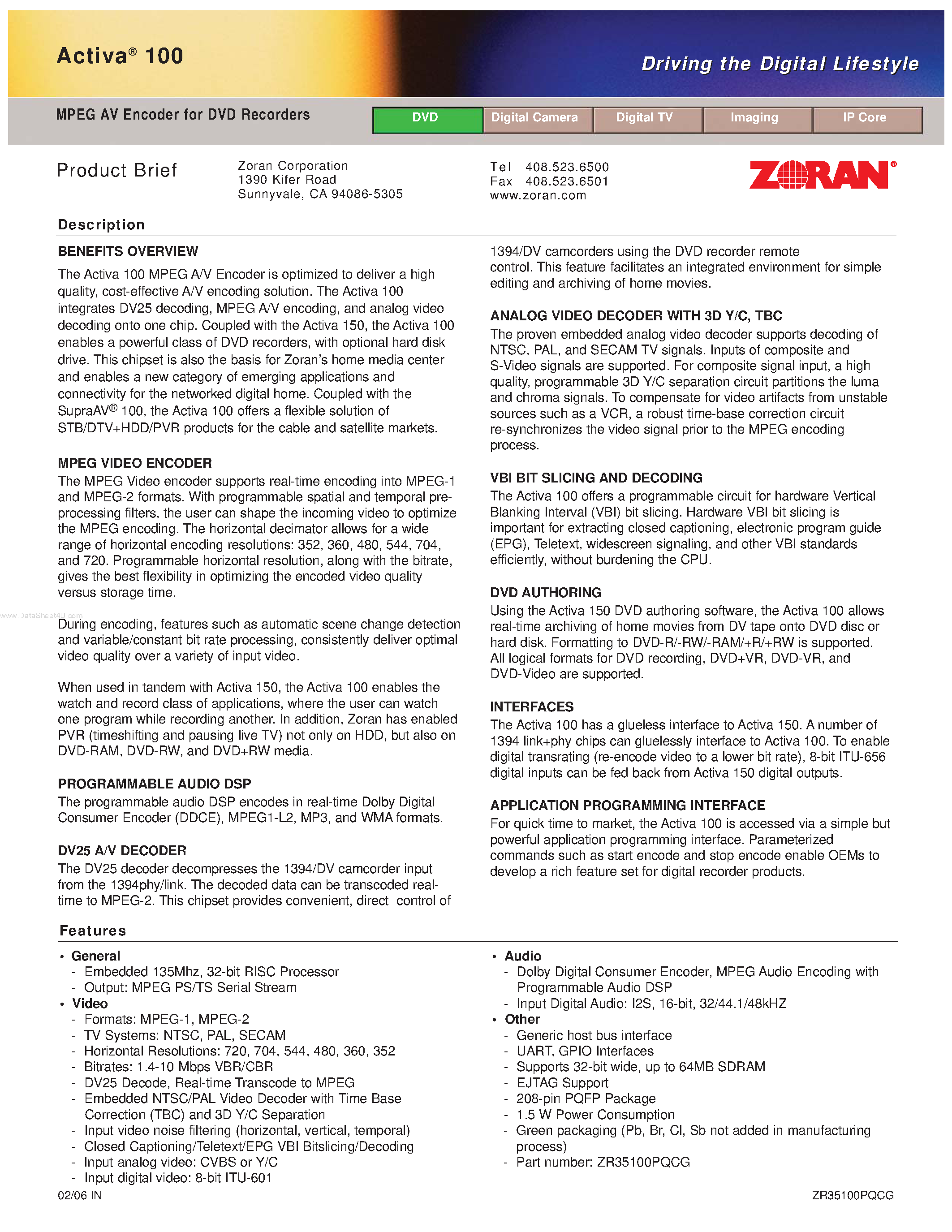 Даташит ACTIVA100 - MPEG AV Encoder страница 1