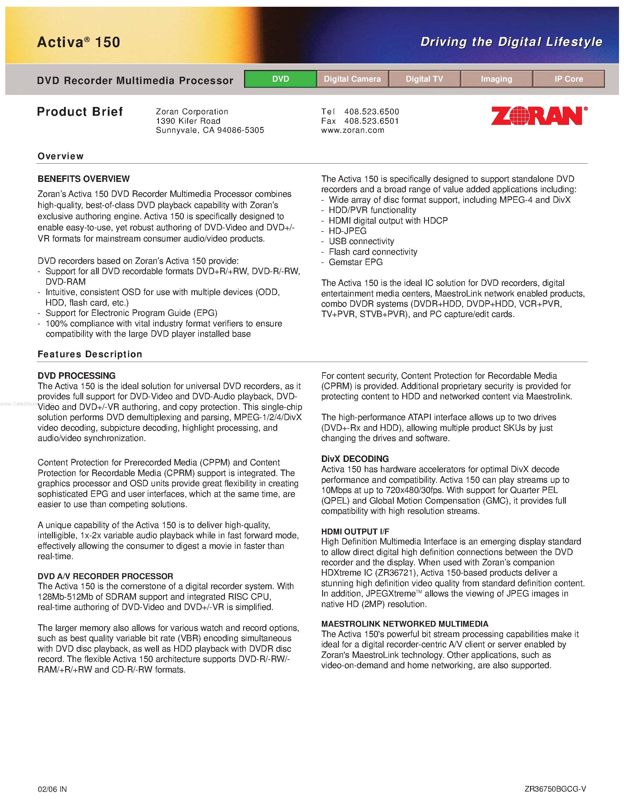 Даташит ACTIVA150 - DVD Recorder Multimedia Processor страница 1