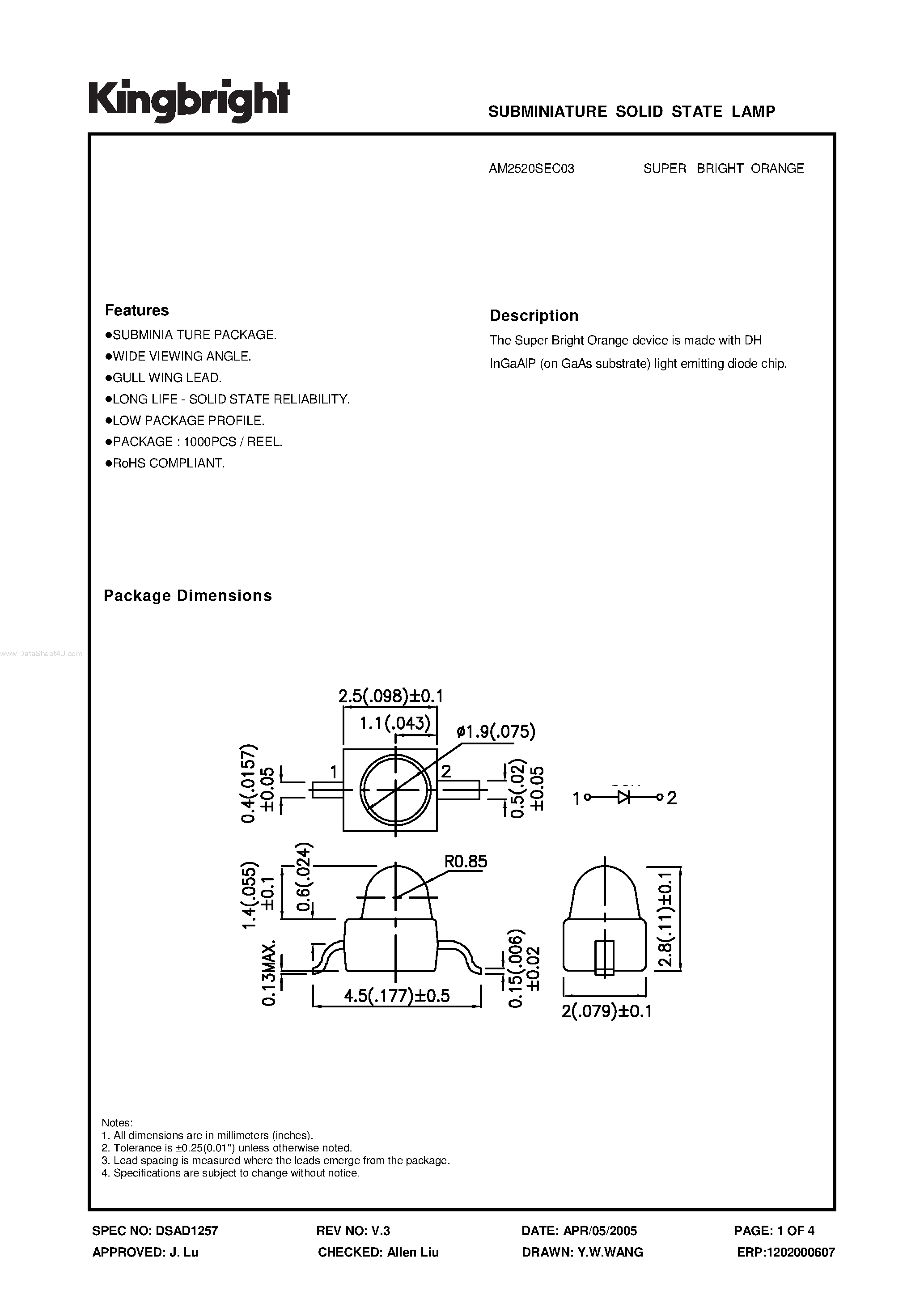 Datasheet AM2520SEC03 - SUBMINIATURE SOLID STATE LAMP page 1