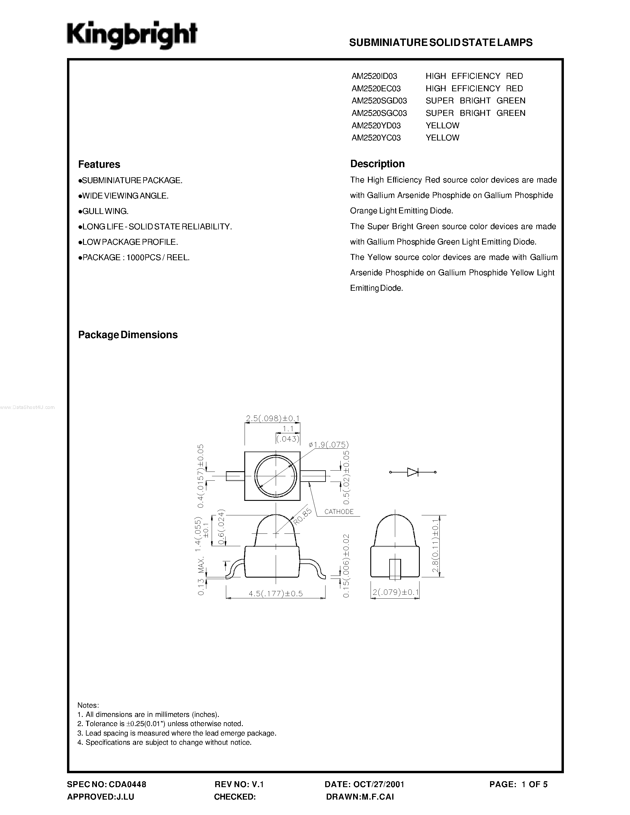 Datasheet AM2520xxx03 - SUBMINIATURE SOLID STATE LAMPS page 1