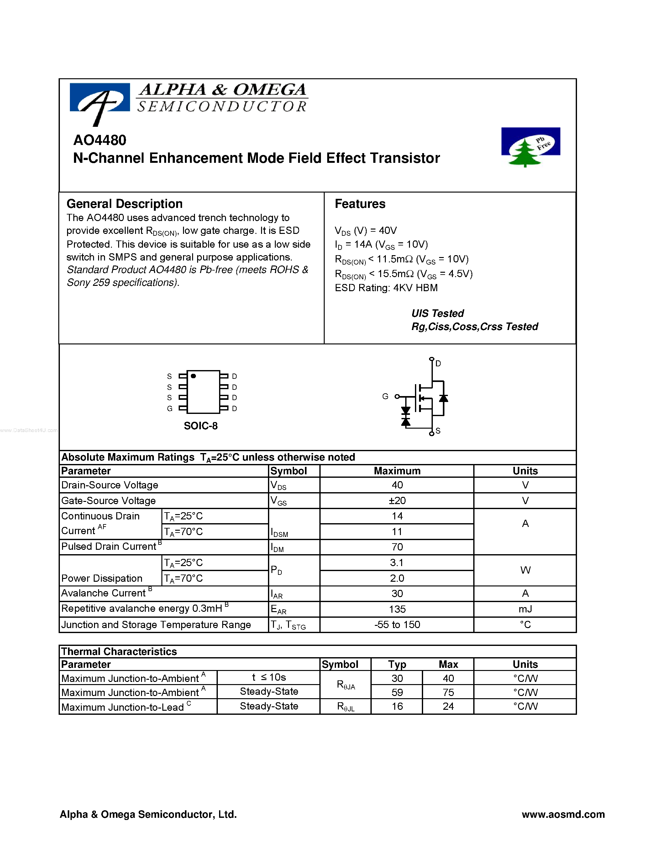 Datasheet AO4480 - N-Channel Enhancement Mode Field Effect Transistor page 1