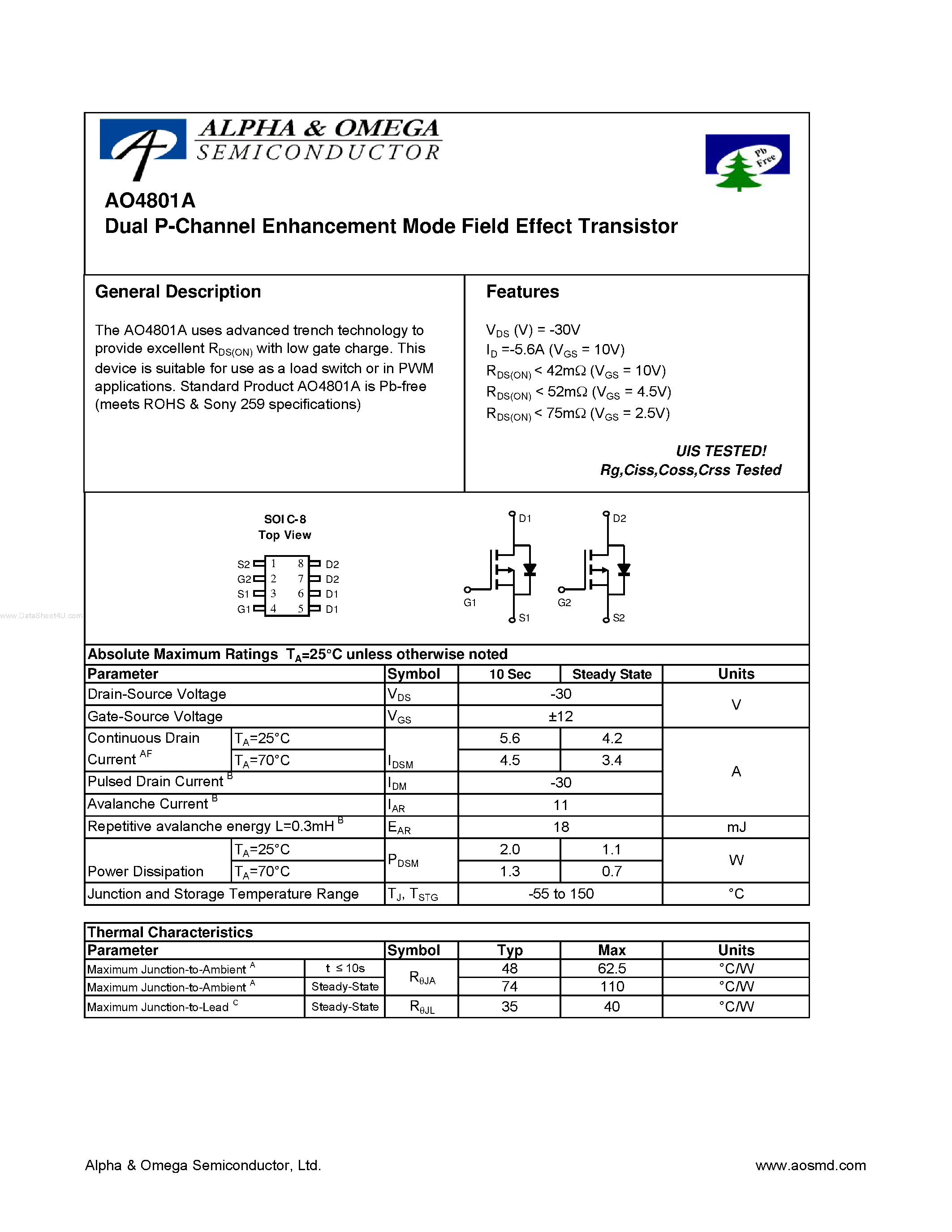Datasheet AO4801A - Dual P-Channel Enhancement Mode Field Effect Transistor page 1