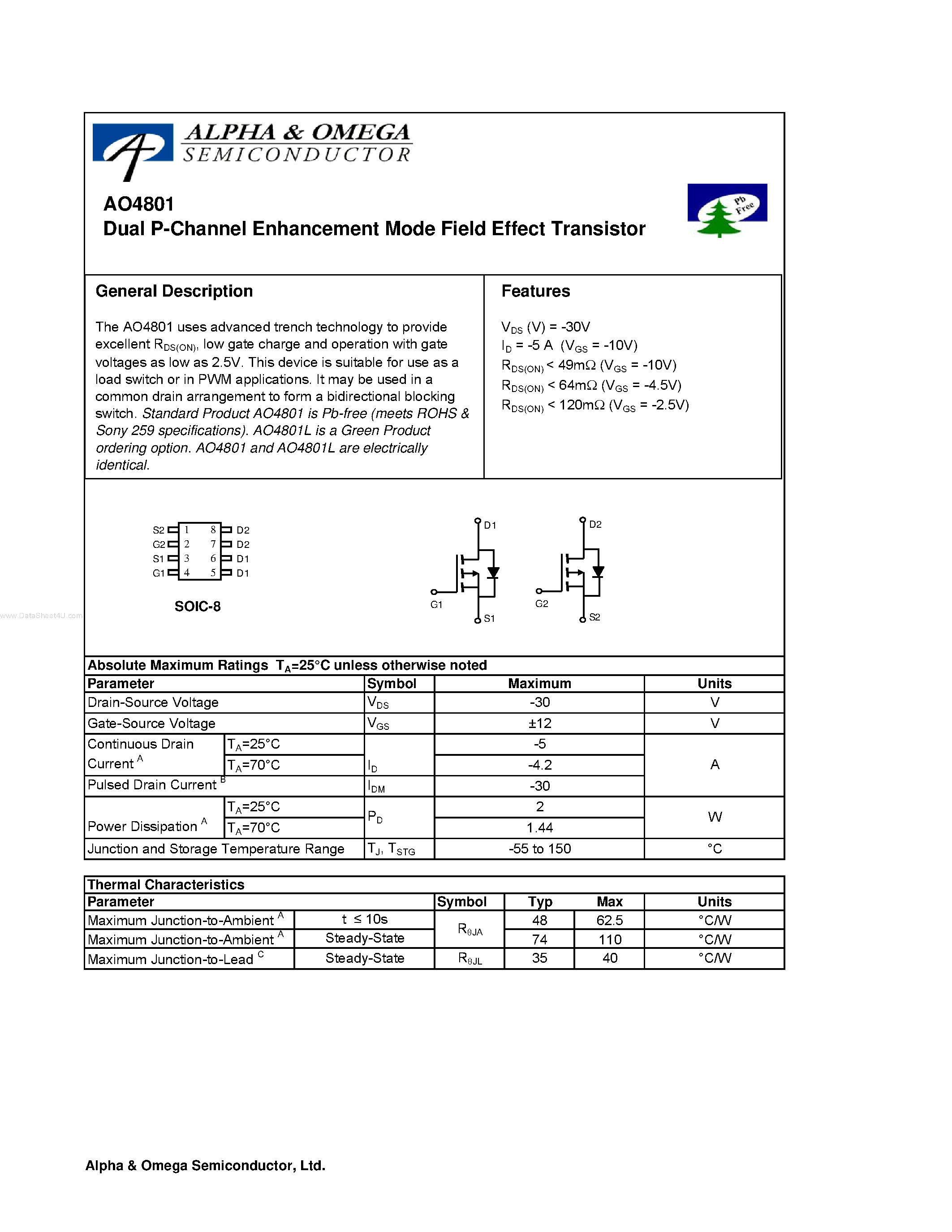 Datasheet AO4801 - Dual P-Channel Enhancement Mode Field Effect Transistor page 1