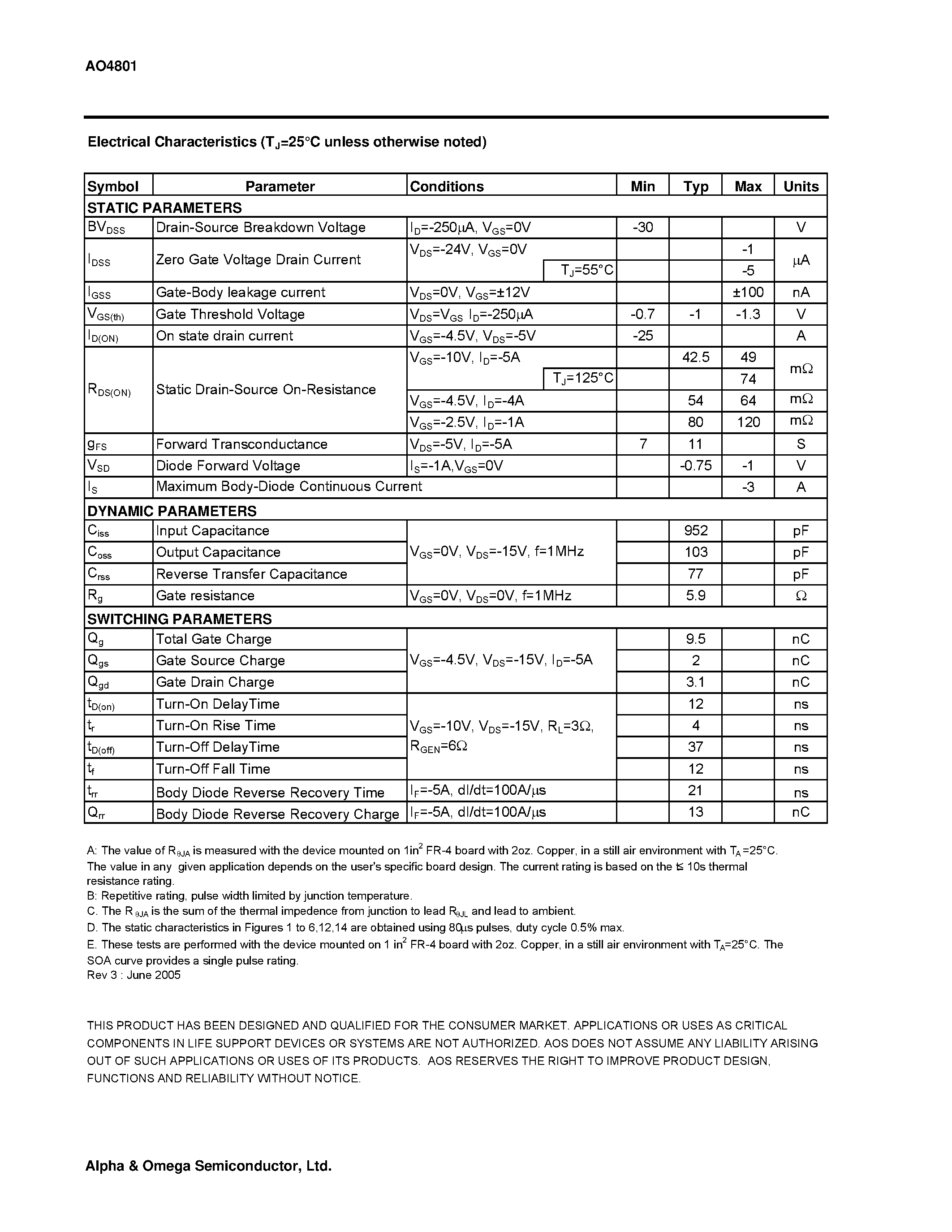 Datasheet AO4801 - Dual P-Channel Enhancement Mode Field Effect Transistor page 2