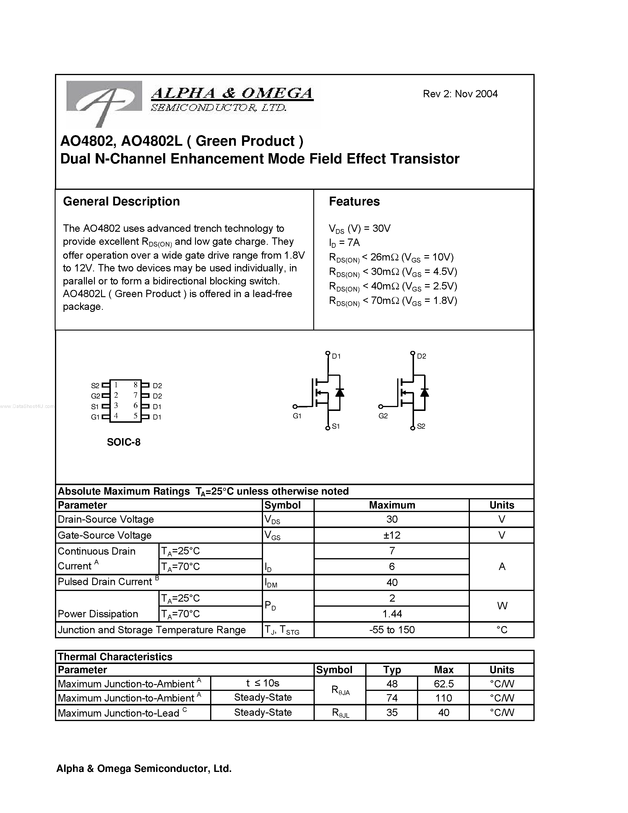 Datasheet AO4802 - Dual N-Channel Enhancement Mode Field Effect Transistor page 1