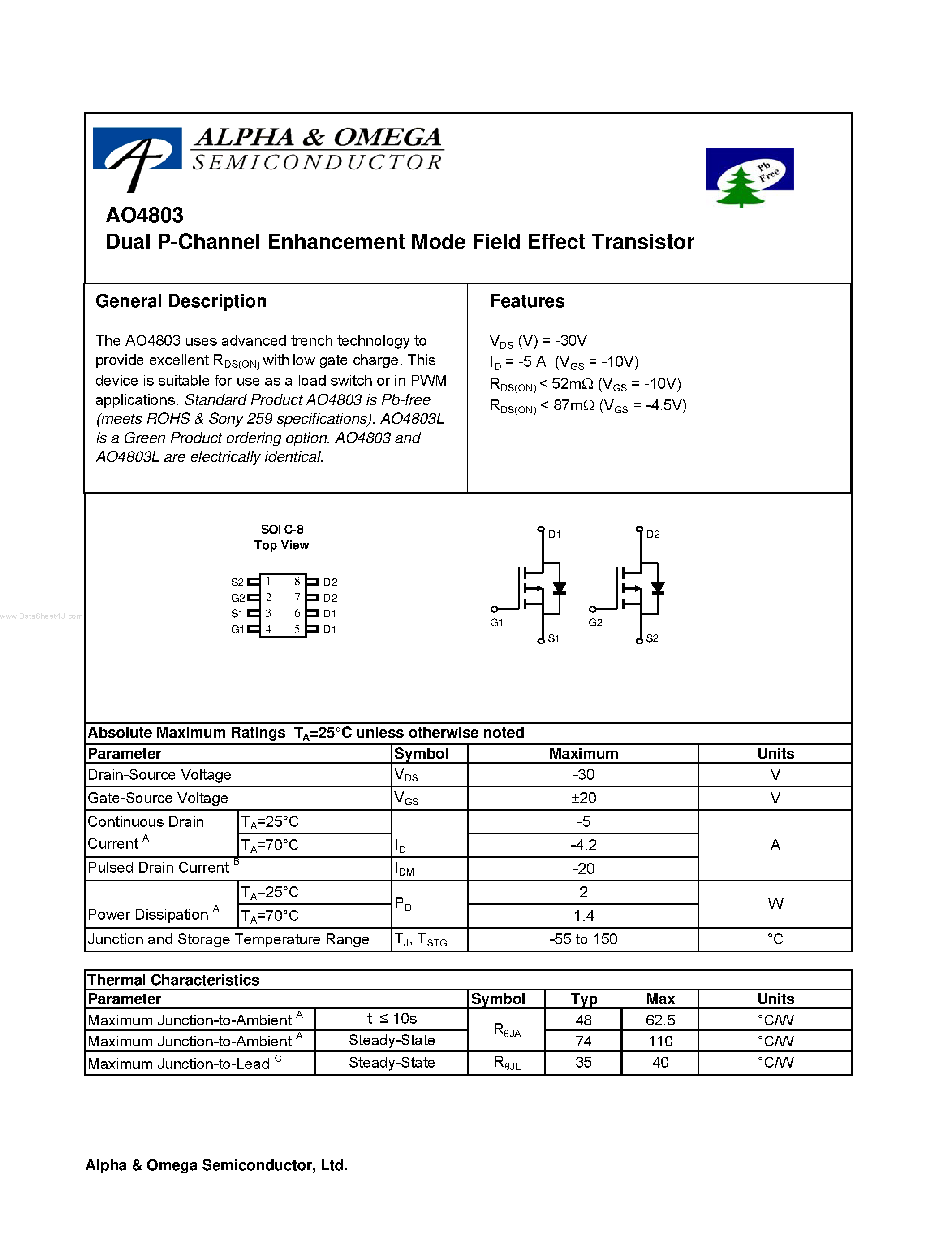 Datasheet AO4803 - Dual P-Channel Enhancement Mode Field Effect Transistor page 1