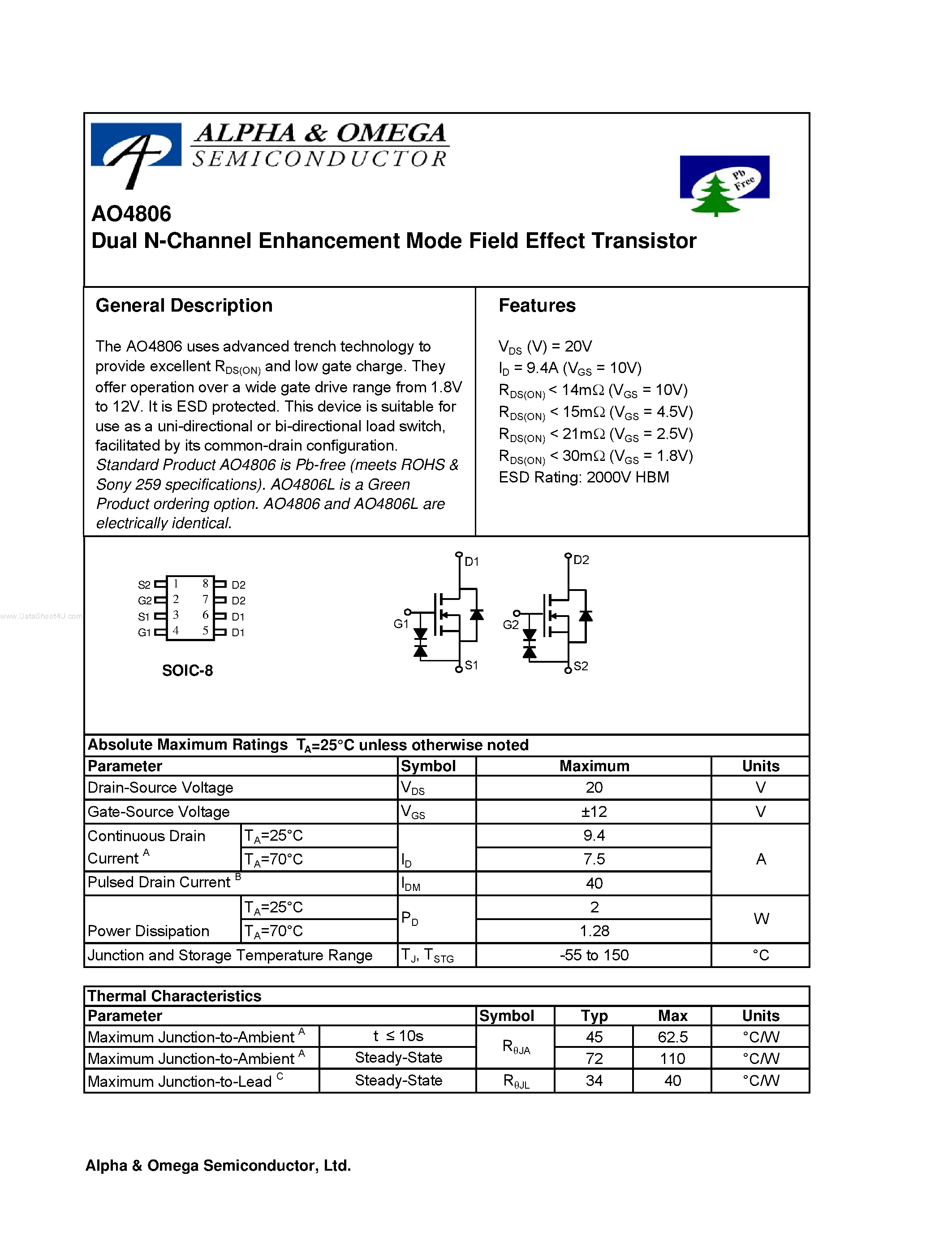 Datasheet AO4806 - Dual N-Channel Enhancement Mode Field Effect Transistor page 1