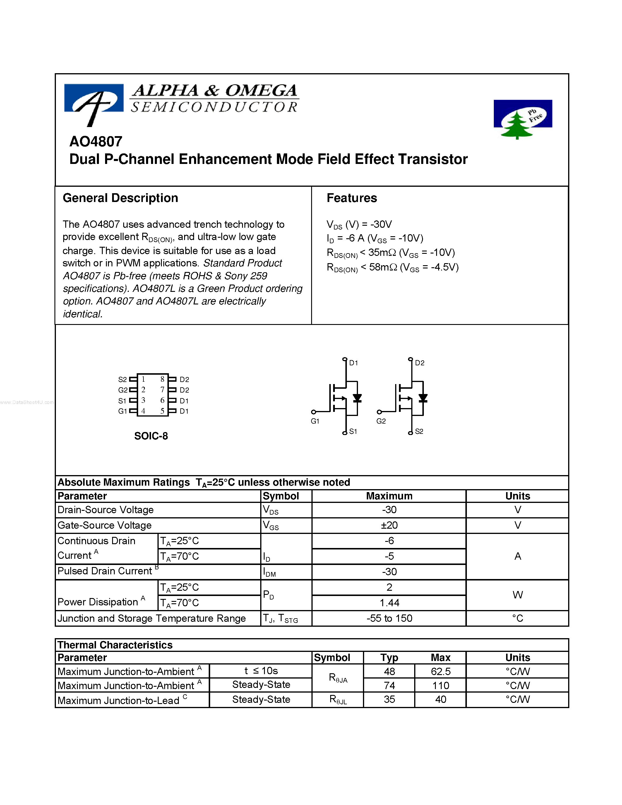 Datasheet AO4807 - Dual P-Channel Enhancement Mode Field Effect Transistor page 1