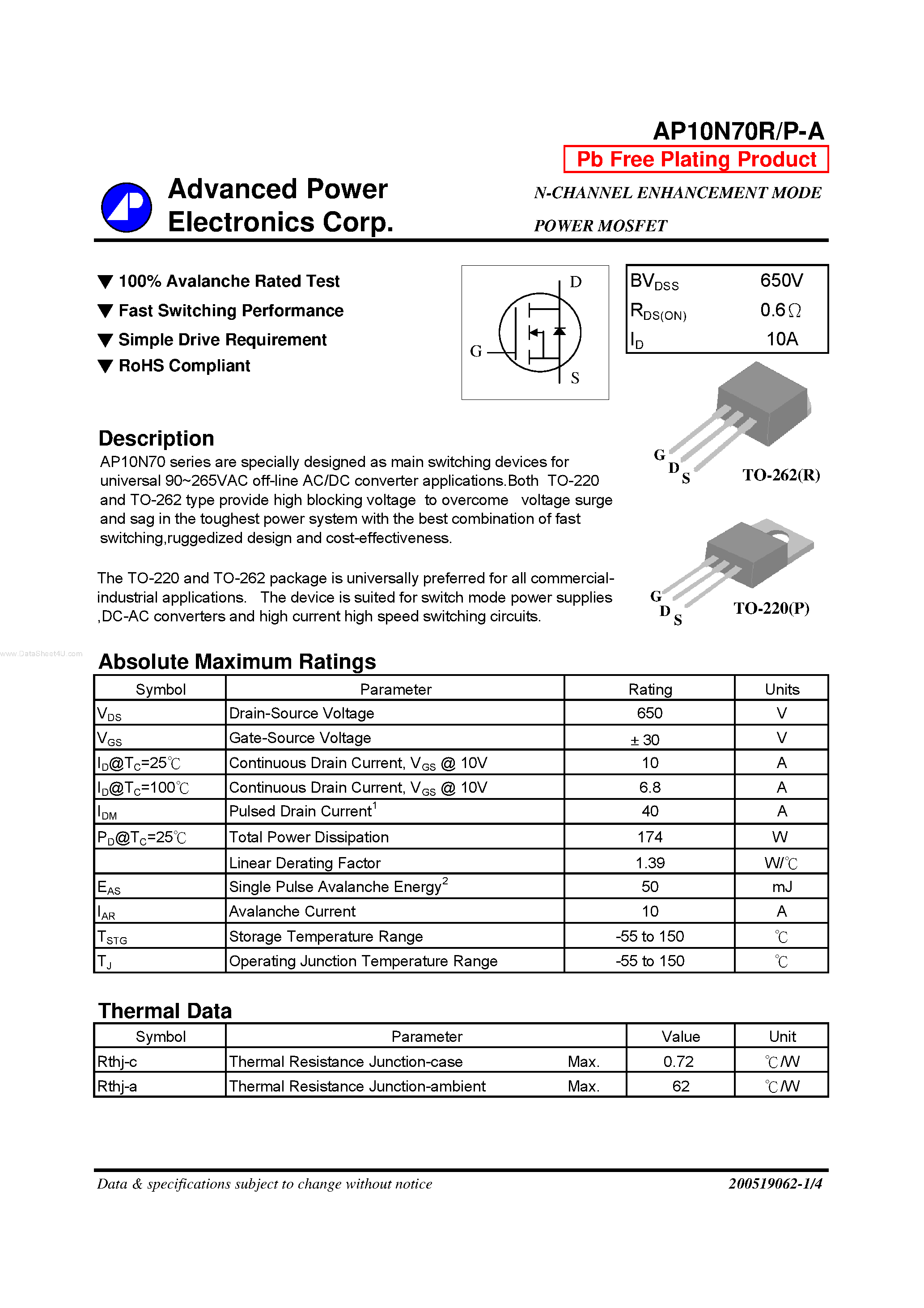 Datasheet AP10N70P-A - N-CHANNEL ENHANCEMENT MODE POWER MOSFET page 1