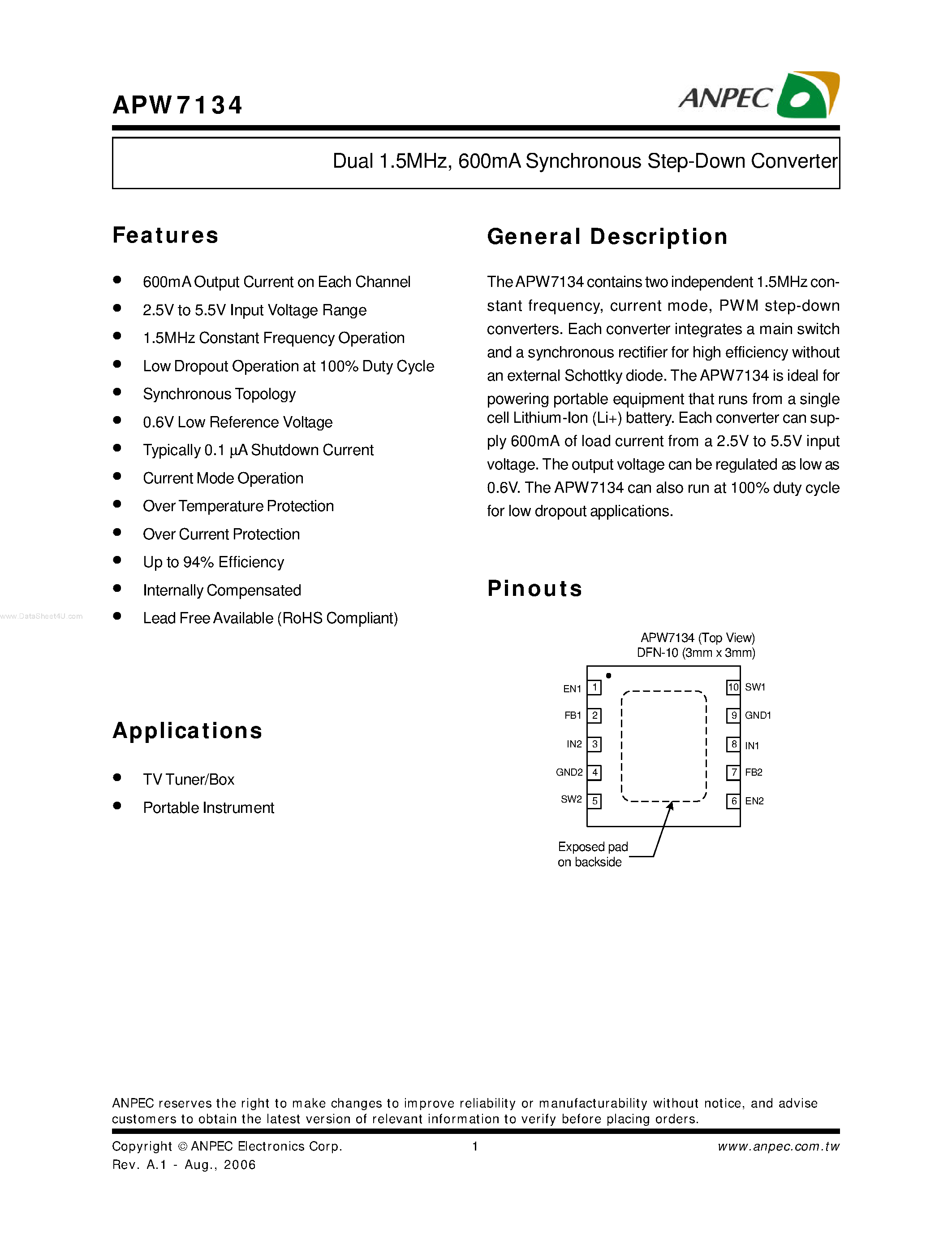 Даташит на микросхему APW7134 страница 1 Даташит APW7134 - 600mA Synchronous Step-Down Converter страница 1