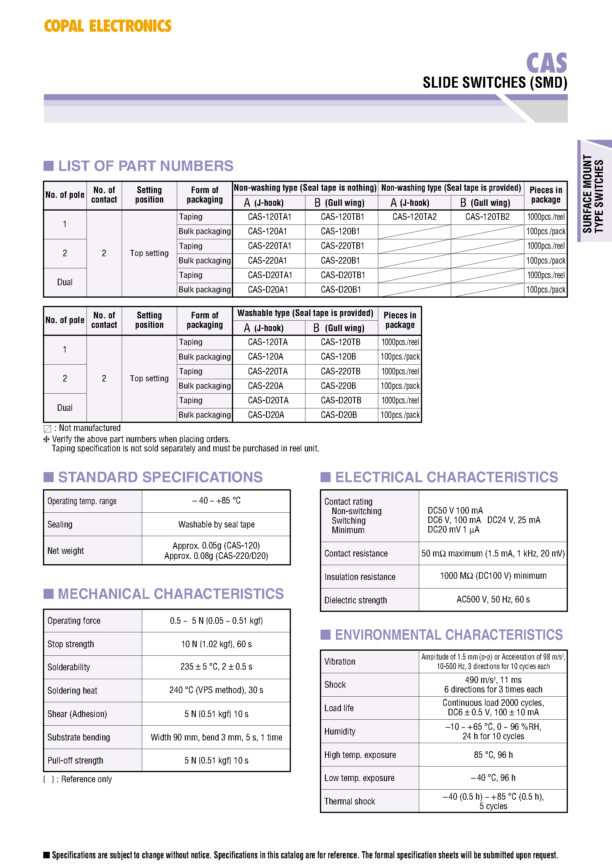 Даташит CAS-xxx - SLIDE SWITCHES страница 2