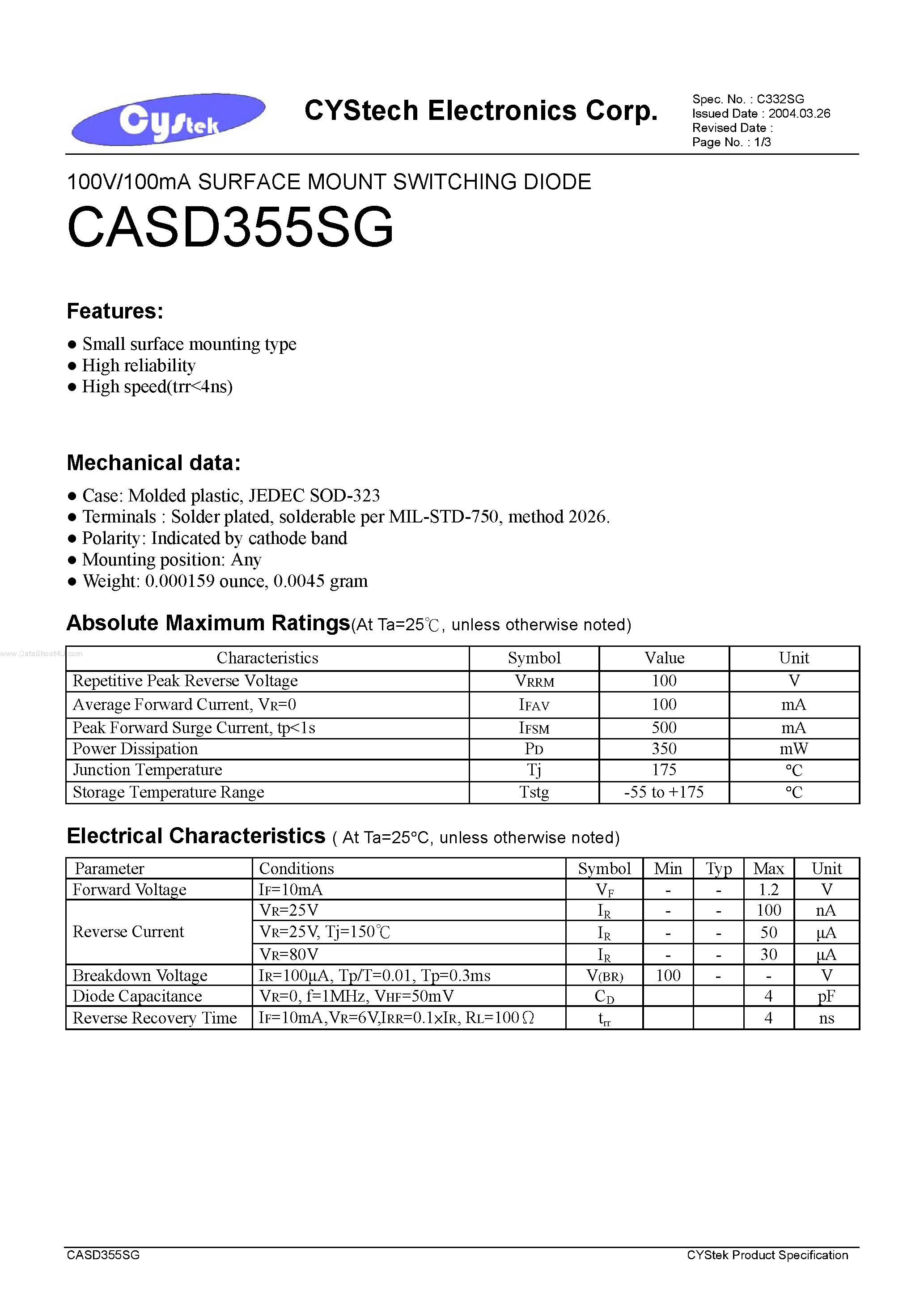 Datasheet CASD355SG page 1 Datasheet CASD355SG - 100V/100mA SURFACE MOUNT SWITCHING DIODE page 1
