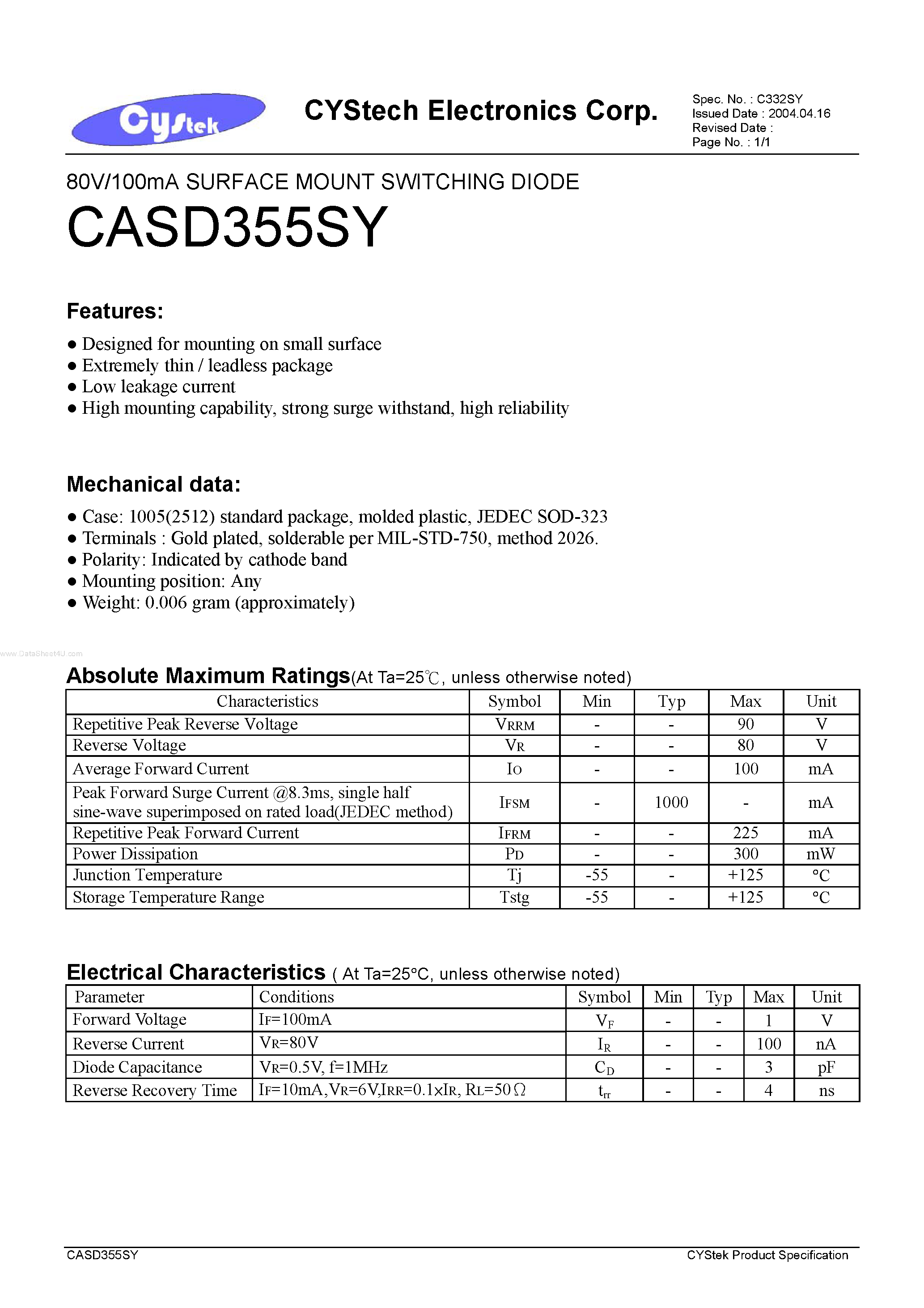 Datasheet CASD355SY page 1 Datasheet CASD355SY - 80V/100mA SURFACE MOUNT SWITCHING DIODE page 1