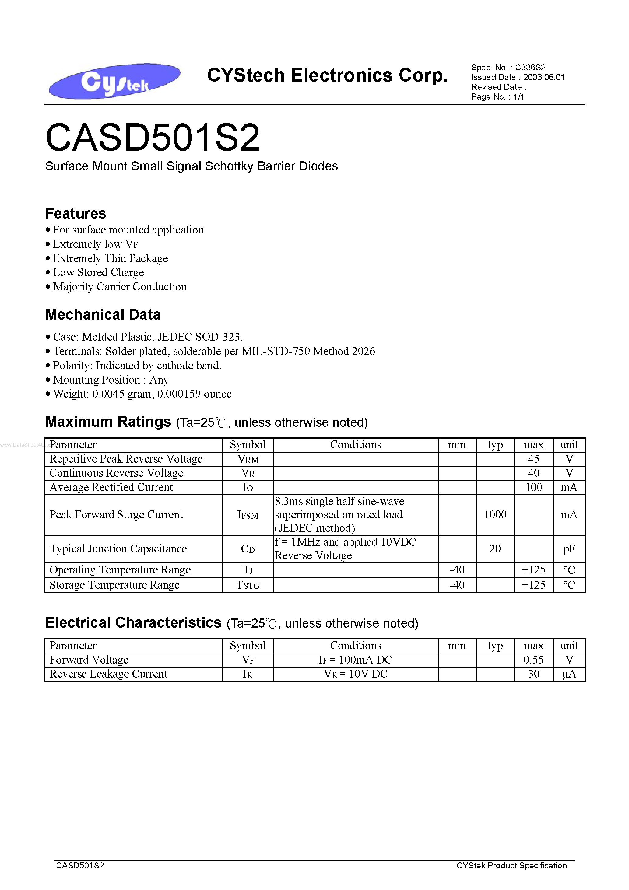 Даташит CASD501S2 - Surface Mount Small Signal Schottky Barrier Diodes страница 1