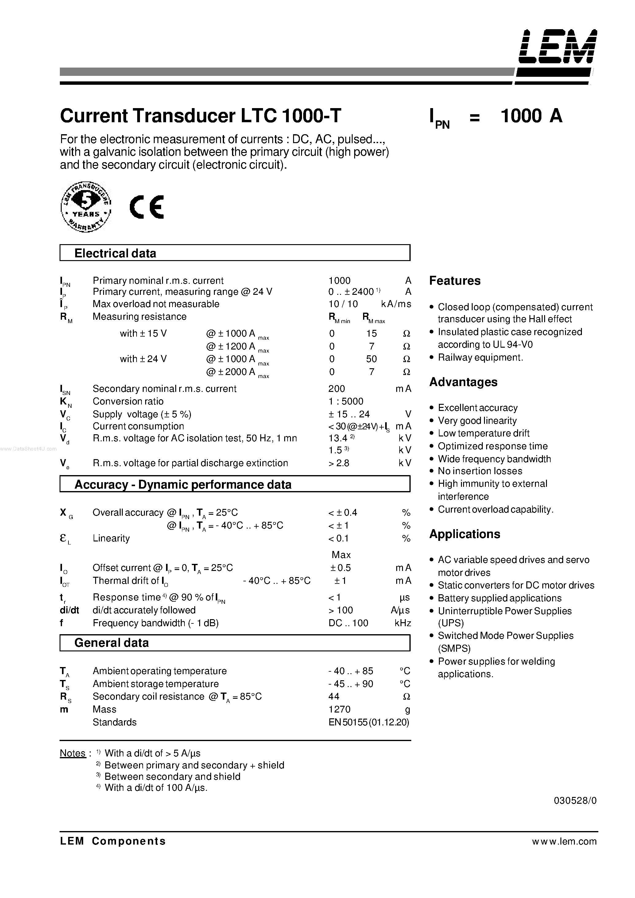 Datasheet LTC1000-T page 1 Datasheet LTC1000-T - Current Transducer page 1