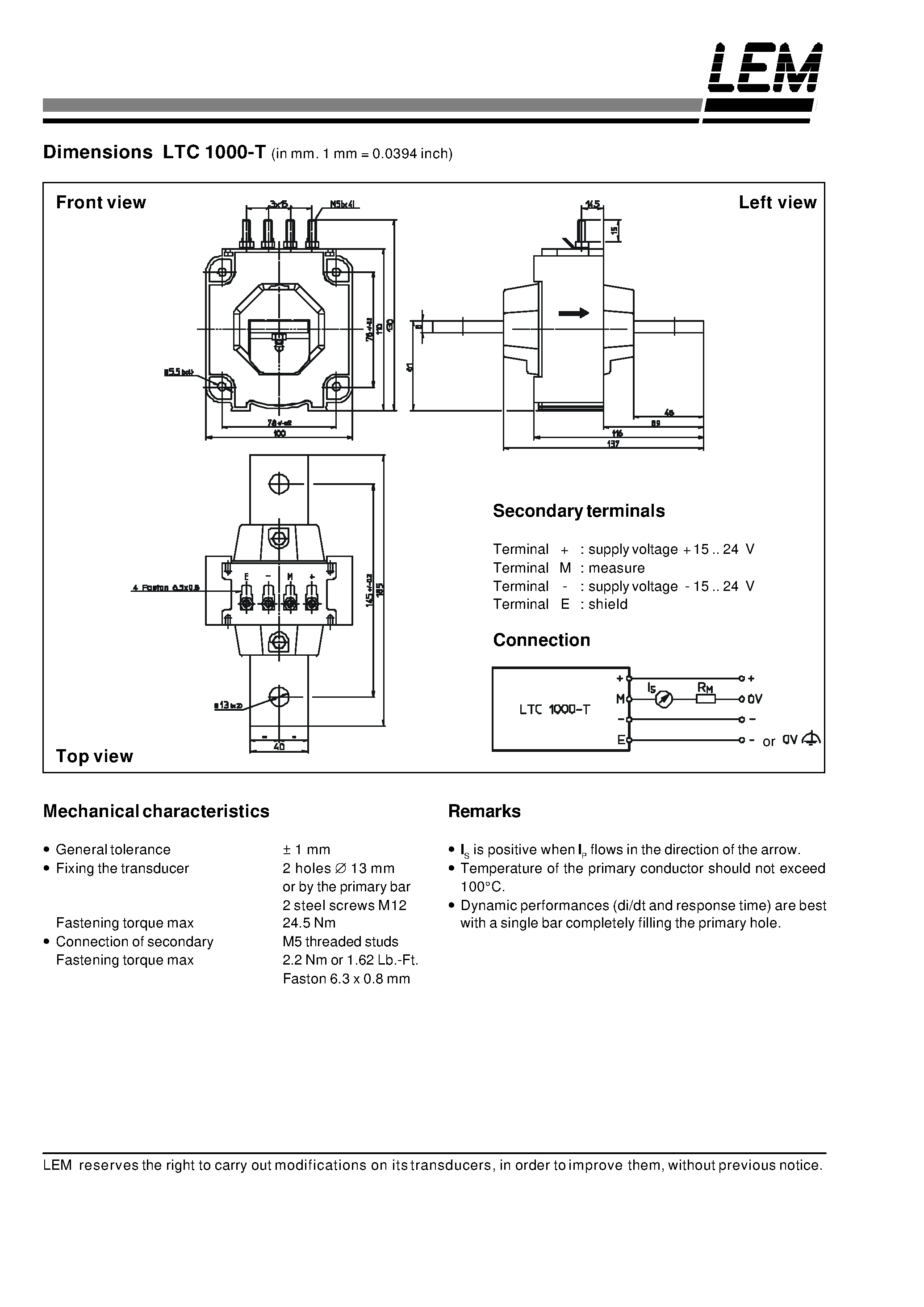 Datasheet LTC1000-T page 2 Datasheet LTC1000-T - Current Transducer page 2