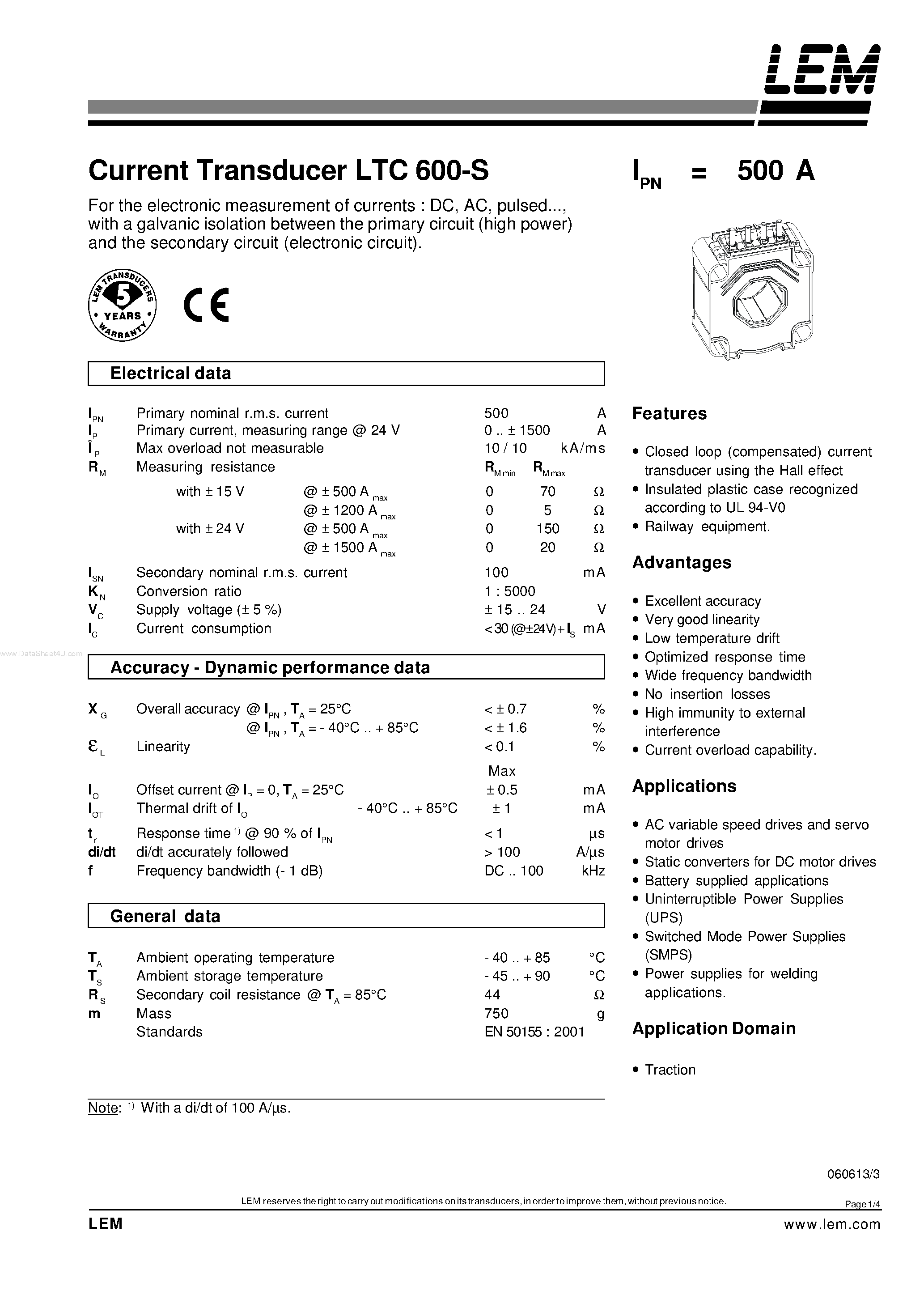 Datasheet LTC600-S - Current Transducer page 1