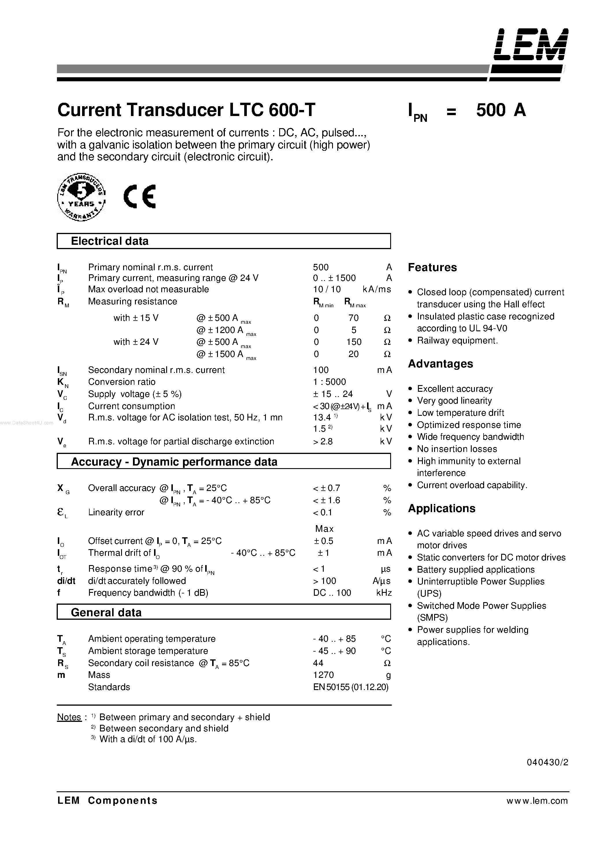 Datasheet LTC600-T page 1 Datasheet LTC600-T - Current Transducer page 1