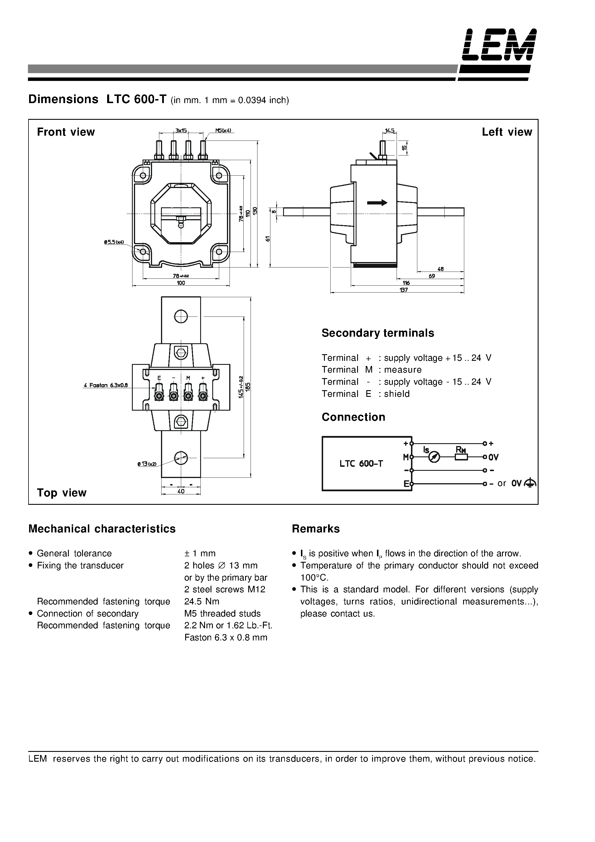 Datasheet LTC600-T page 2 Datasheet LTC600-T - Current Transducer page 2