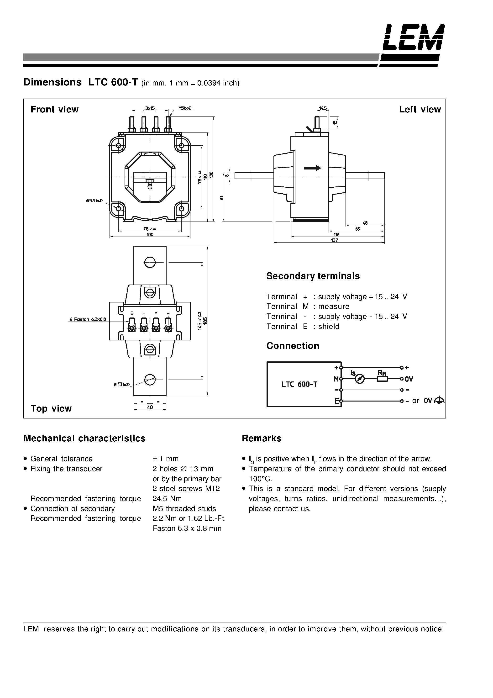 Даташит LTC600-T - Current Transducer страница 2