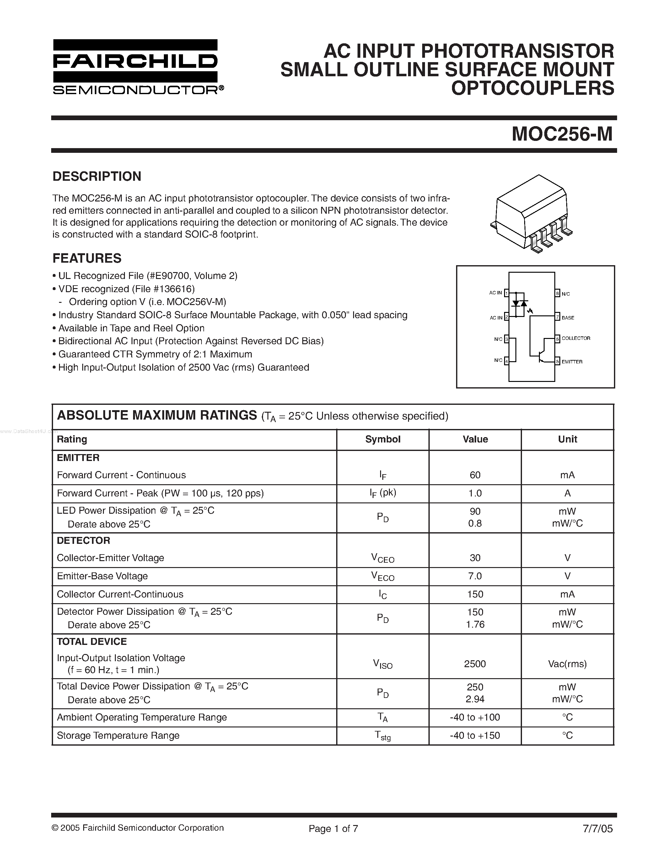 Datasheet MOC256-M - AC INPUT PHOTOTRANSISTOR SMALL OUTLINE SURFACE MOUNT OPTOCOUPLERS page 1