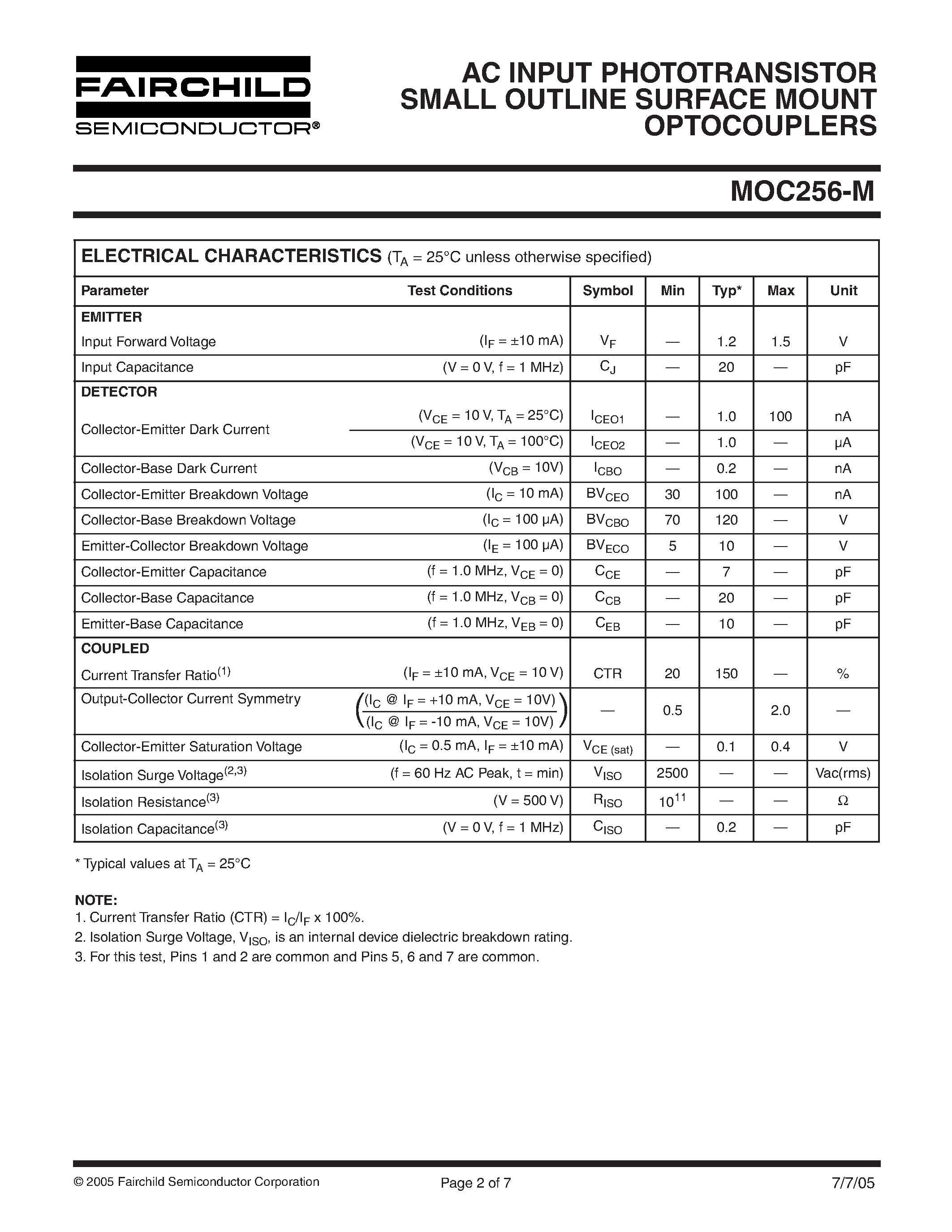 Datasheet MOC256-M - AC INPUT PHOTOTRANSISTOR SMALL OUTLINE SURFACE MOUNT OPTOCOUPLERS page 2
