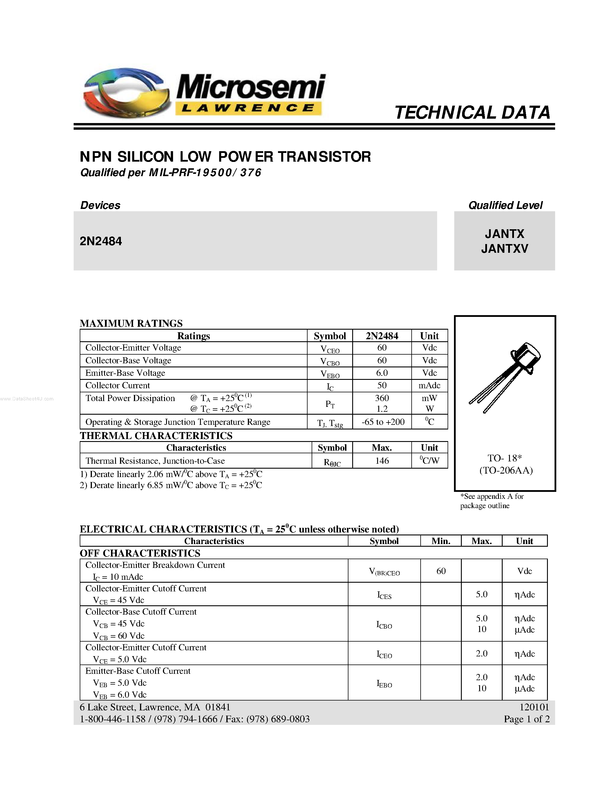 Даташит 2N2484 - NPN SILICON LOW POWER TRANSISTOR страница 1