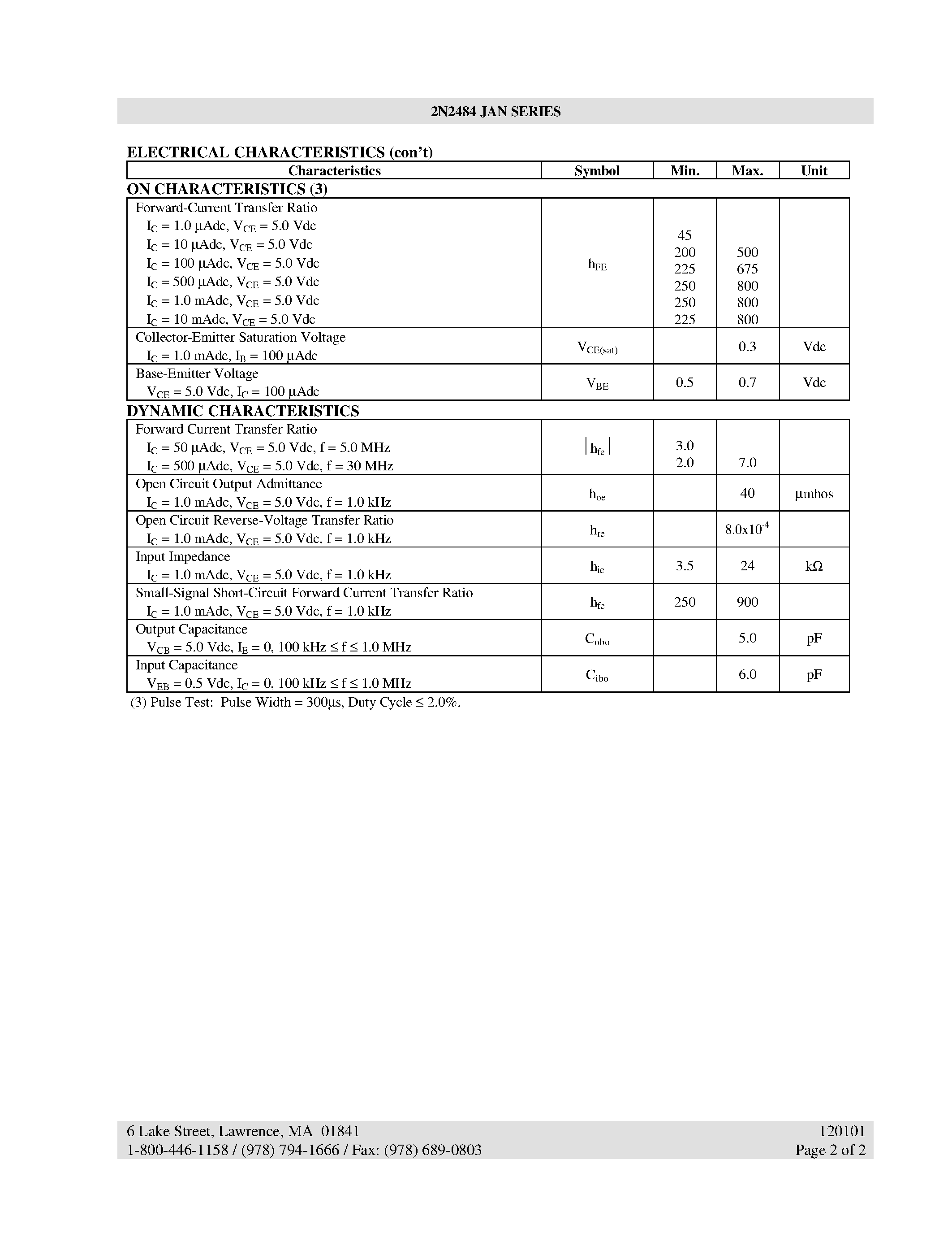 Даташит 2N2484 - NPN SILICON LOW POWER TRANSISTOR страница 2