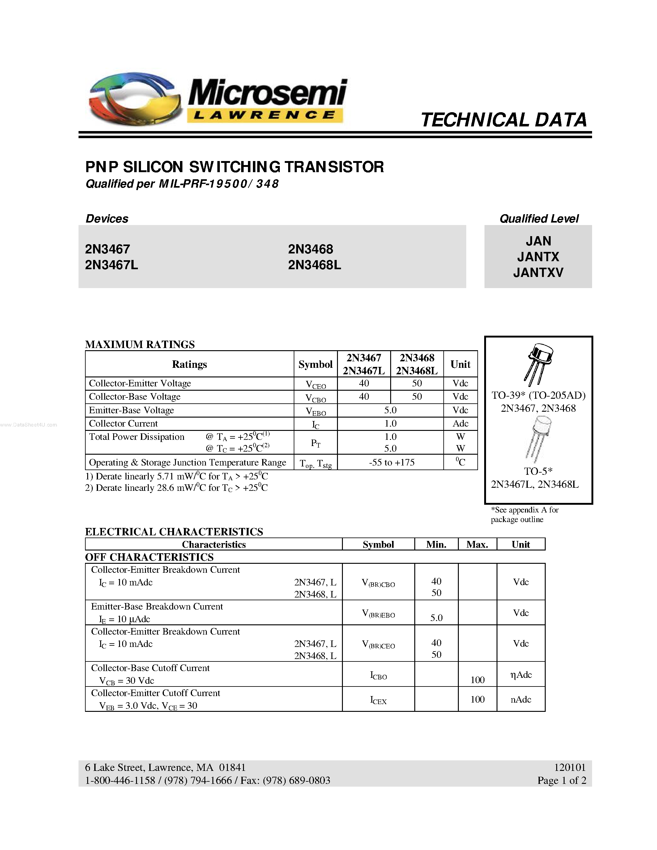 Datasheet 2N3467 - (2N3467L / 2N3468L) PNP SILICON SWITCHING TRANSISTOR page 1