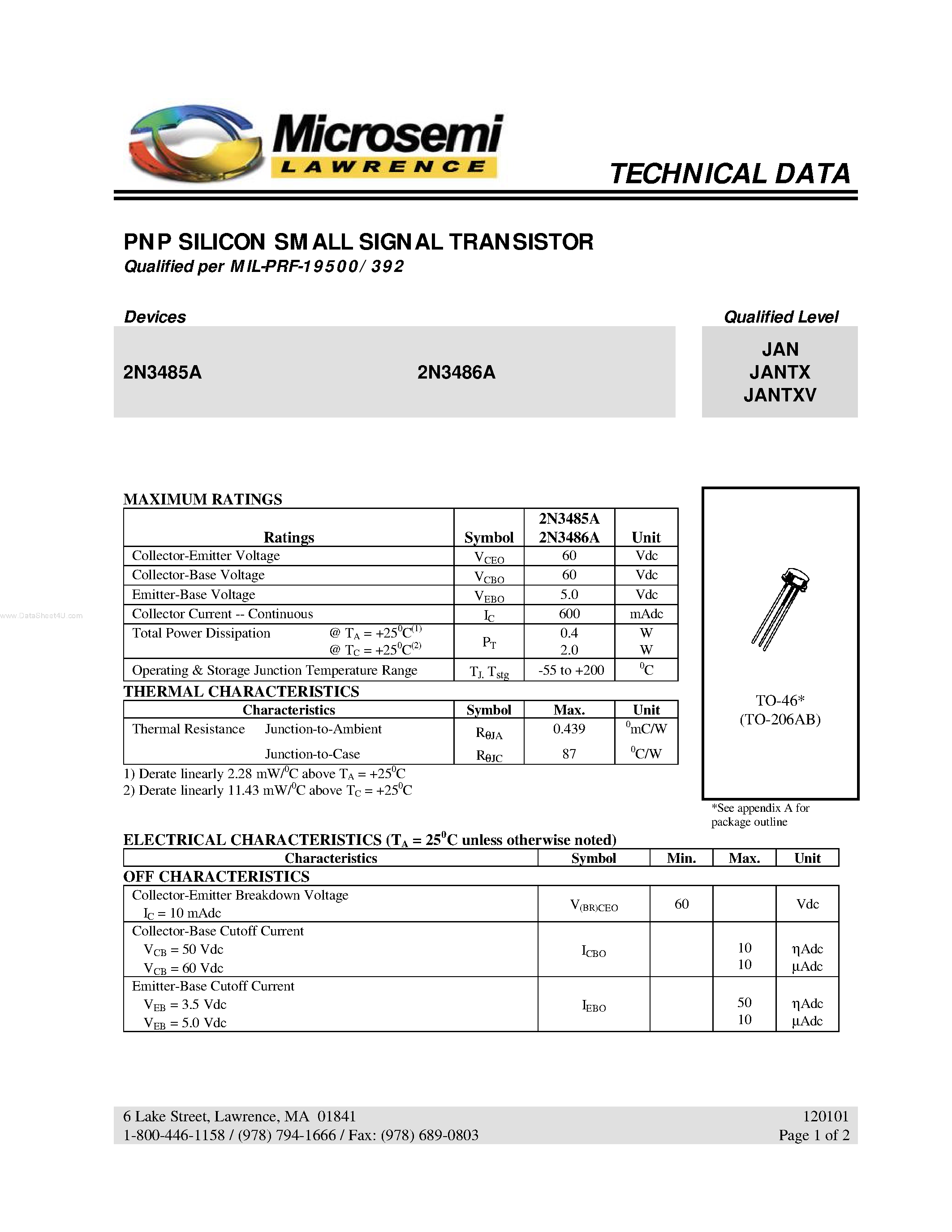 Datasheet 2N3485A - (2N3485A / 2N3486A) PNP SILICON SMALL SIGNAL TRANSISTOR page 1