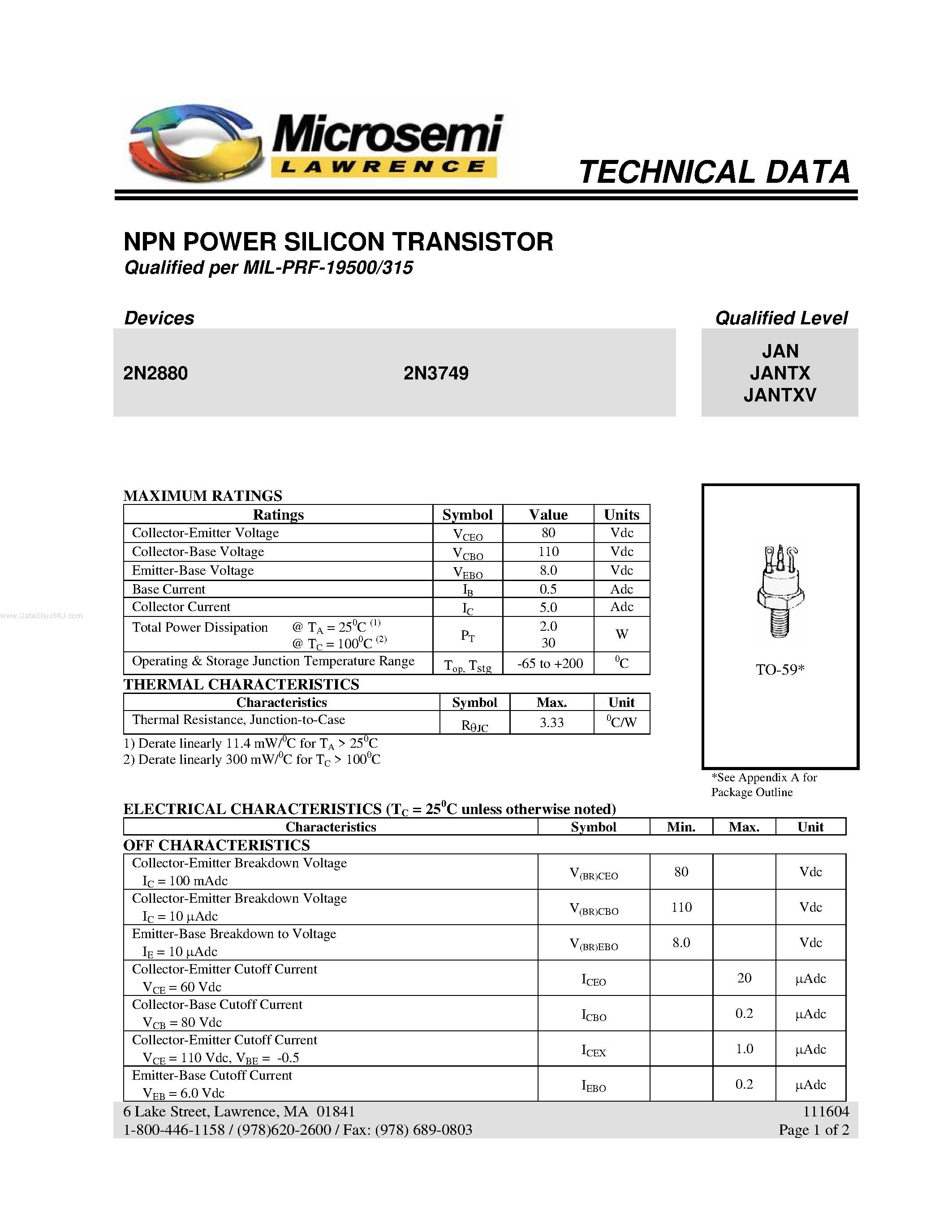 Datasheet 2N3749 - NPN POWER SILICON TRANSISTOR page 1