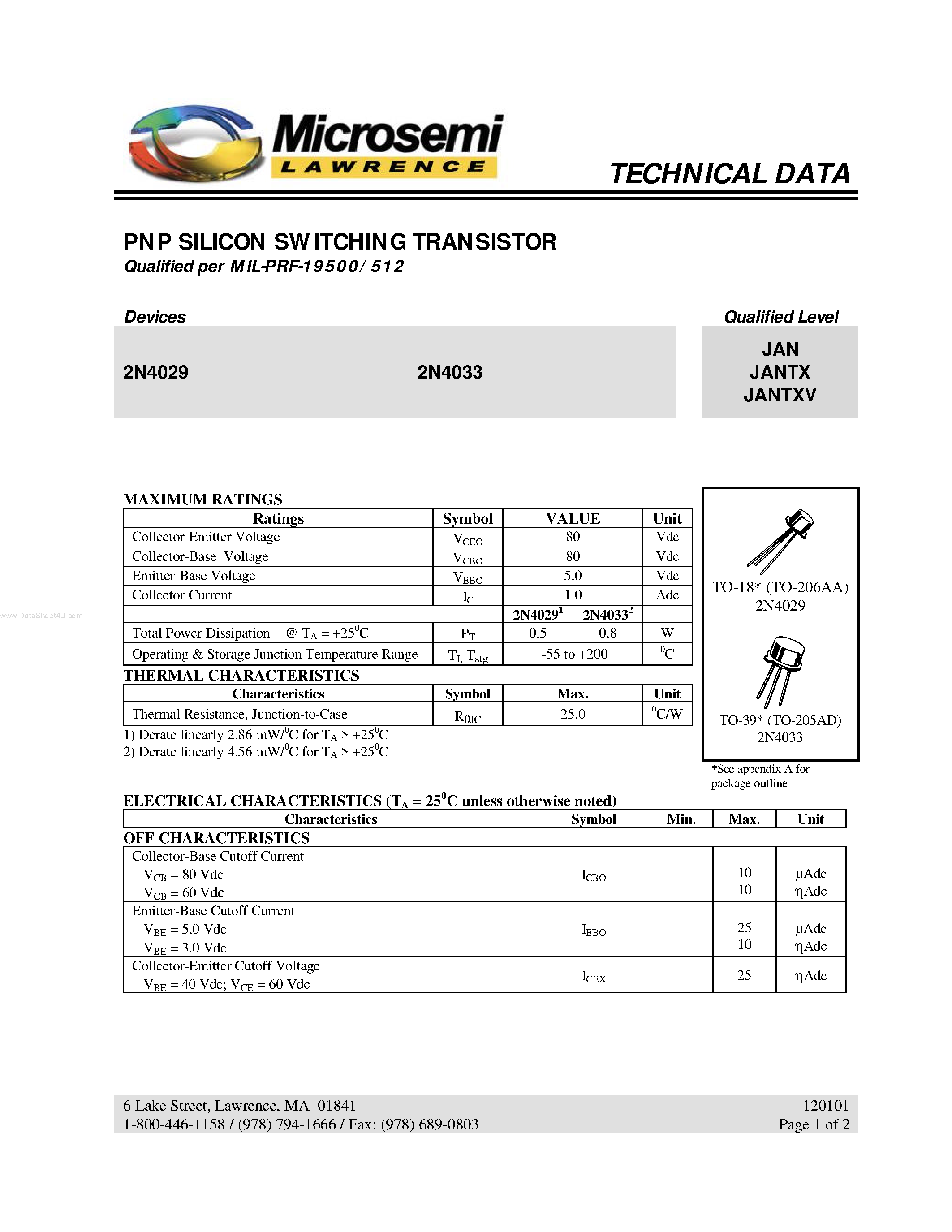 Datasheet 2N4029 - (2N4029 / 2N4033) PNP SILICON SWITCHING TRANSISTOR page 1