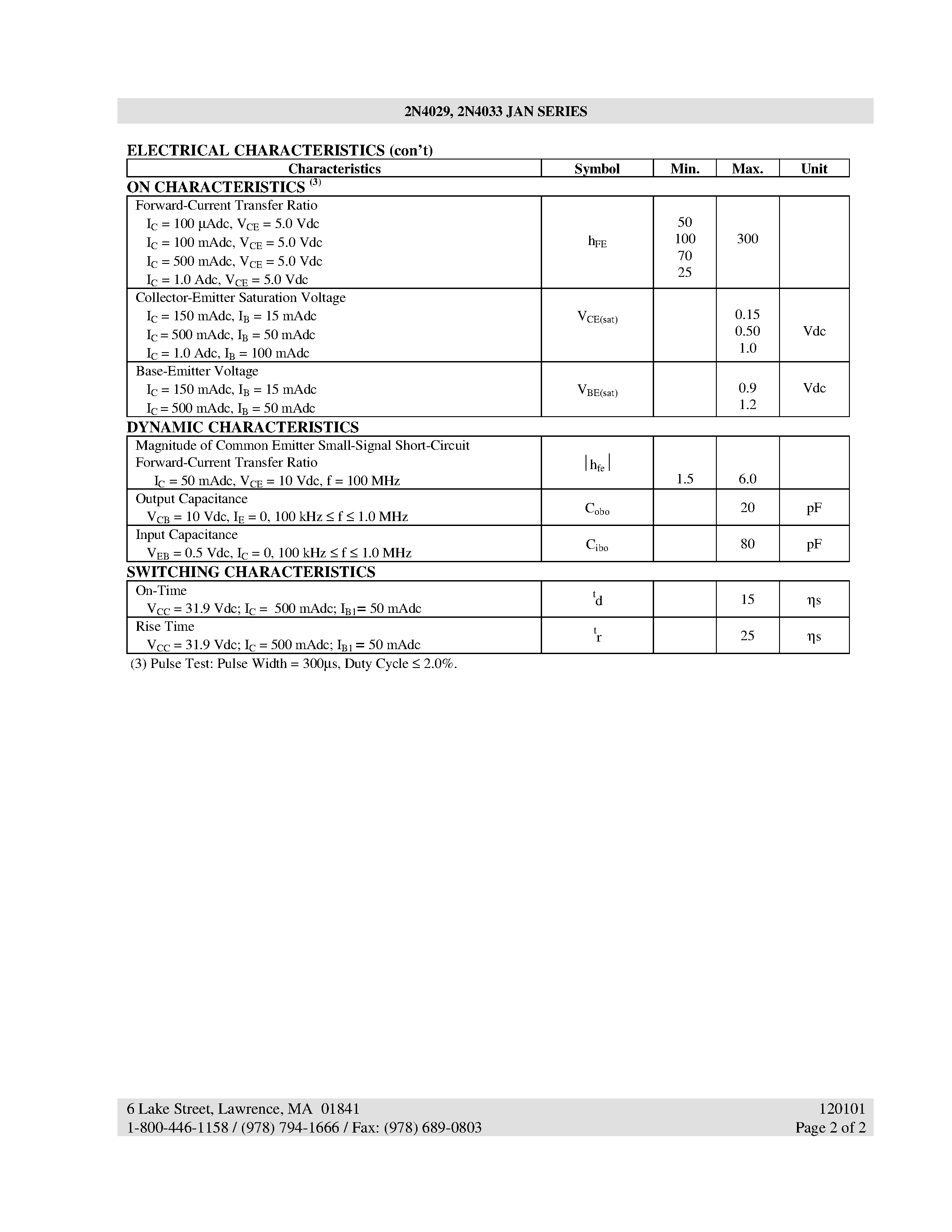 Datasheet 2N4029 - (2N4029 / 2N4033) PNP SILICON SWITCHING TRANSISTOR page 2