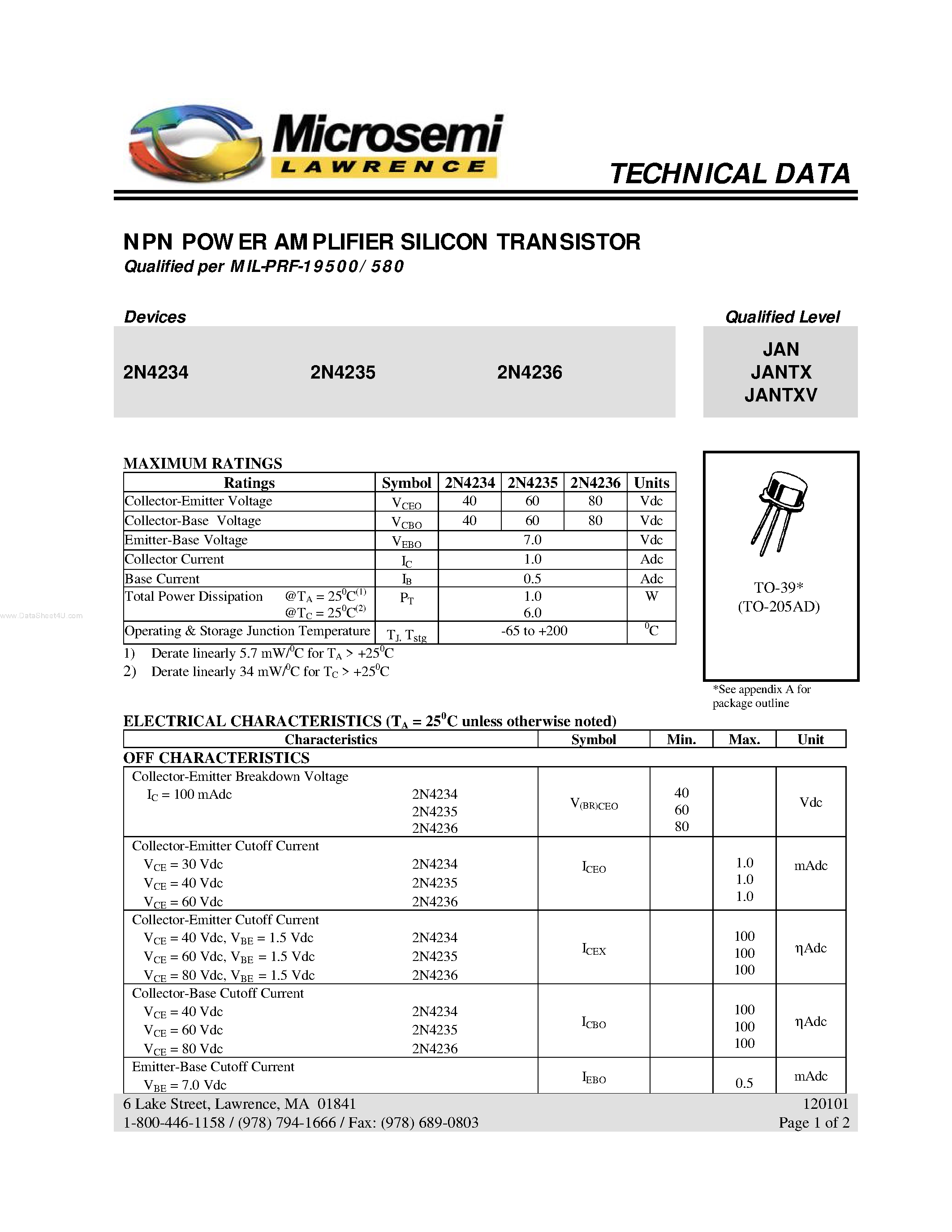 Datasheet 2N4234 page 1 Datasheet 2N4234 - (2N4234 - 2N4236) NPN POWER AMPLIFIER SILICON TRANSISTOR page 1