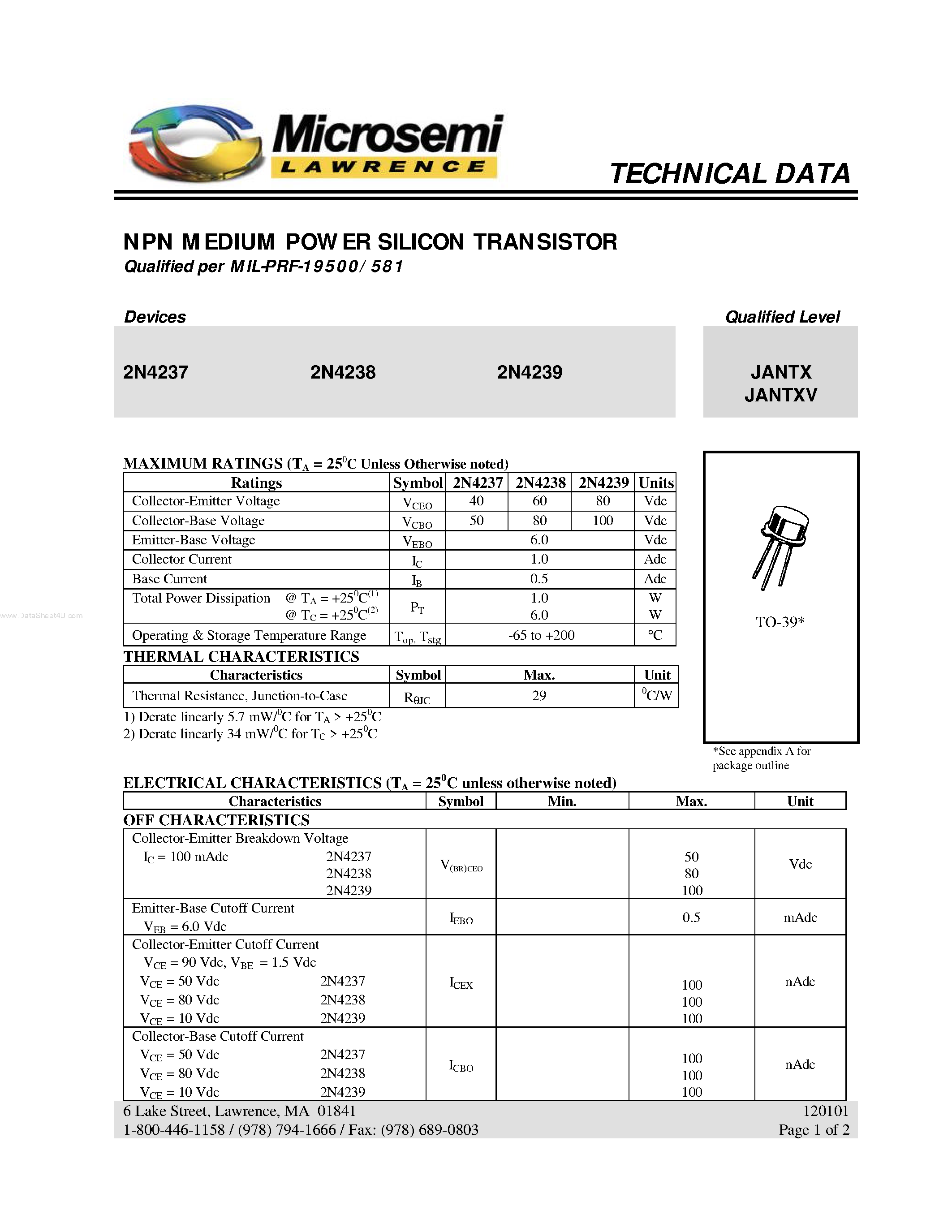 Datasheet 2N4238 - (2N4237 - 2N4239) NPN MEDIUM POWER SILICON TRANSISTOR page 1