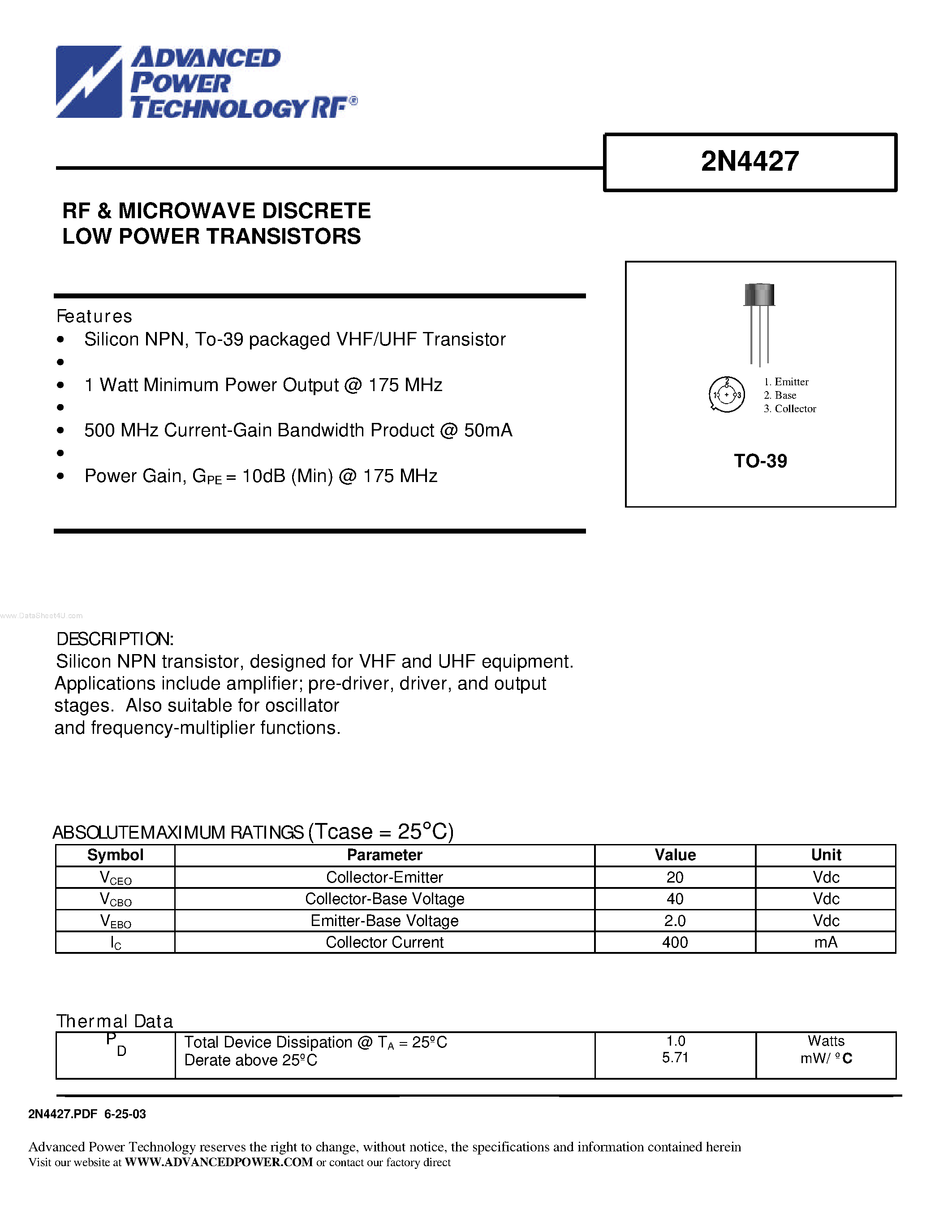 Даташит на микросхему 2N4427 страница 1 Даташит 2N4427 - RF & MICROWAVE DISCRETE LOW POWER TRANSISTORS страница 1