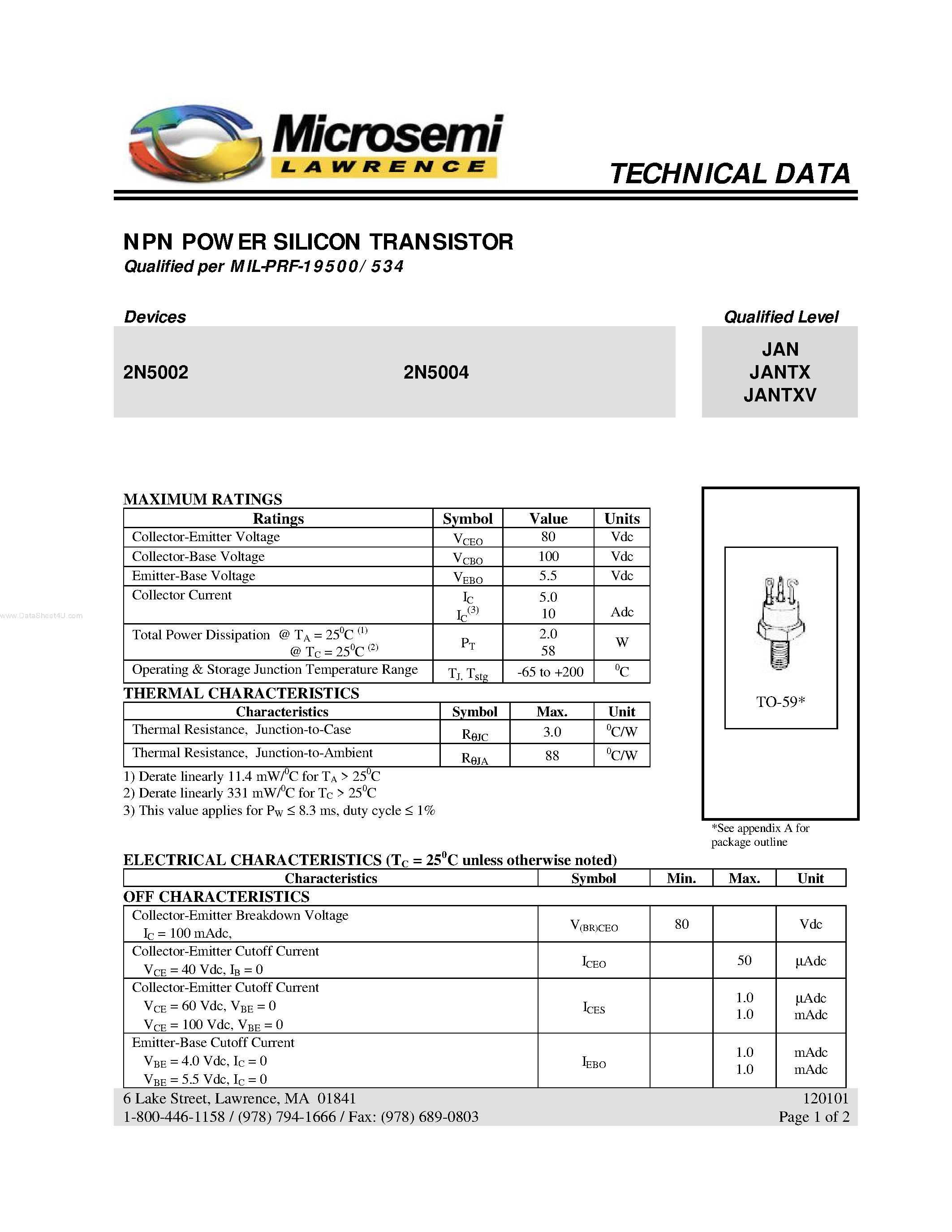 Datasheet 2N5002 page 1 Datasheet 2N5002 - (2N5002 / 2N5004) NPN POWER SILICON TRANSISTOR page 1