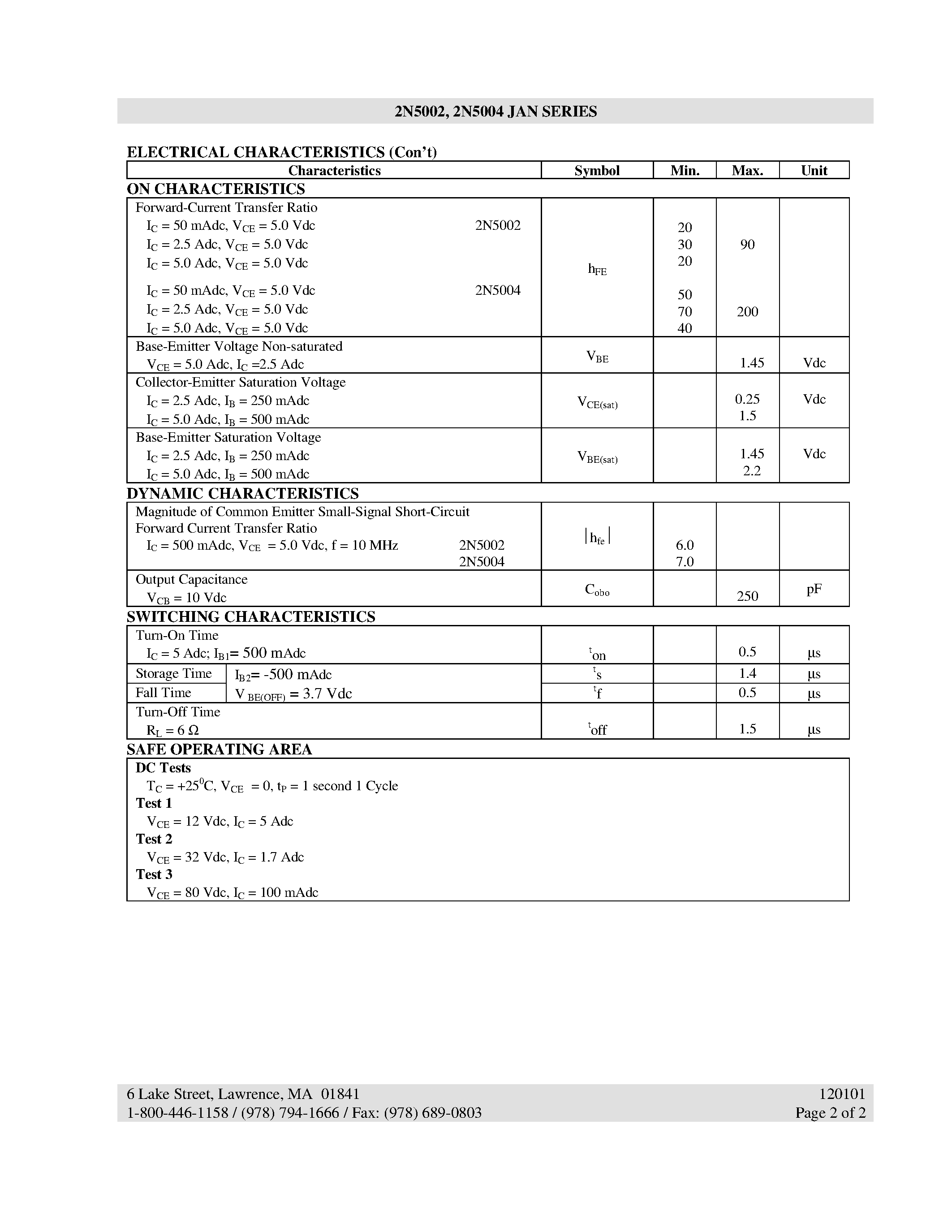 Datasheet 2N5002 page 2 Datasheet 2N5002 - (2N5002 / 2N5004) NPN POWER SILICON TRANSISTOR page 2