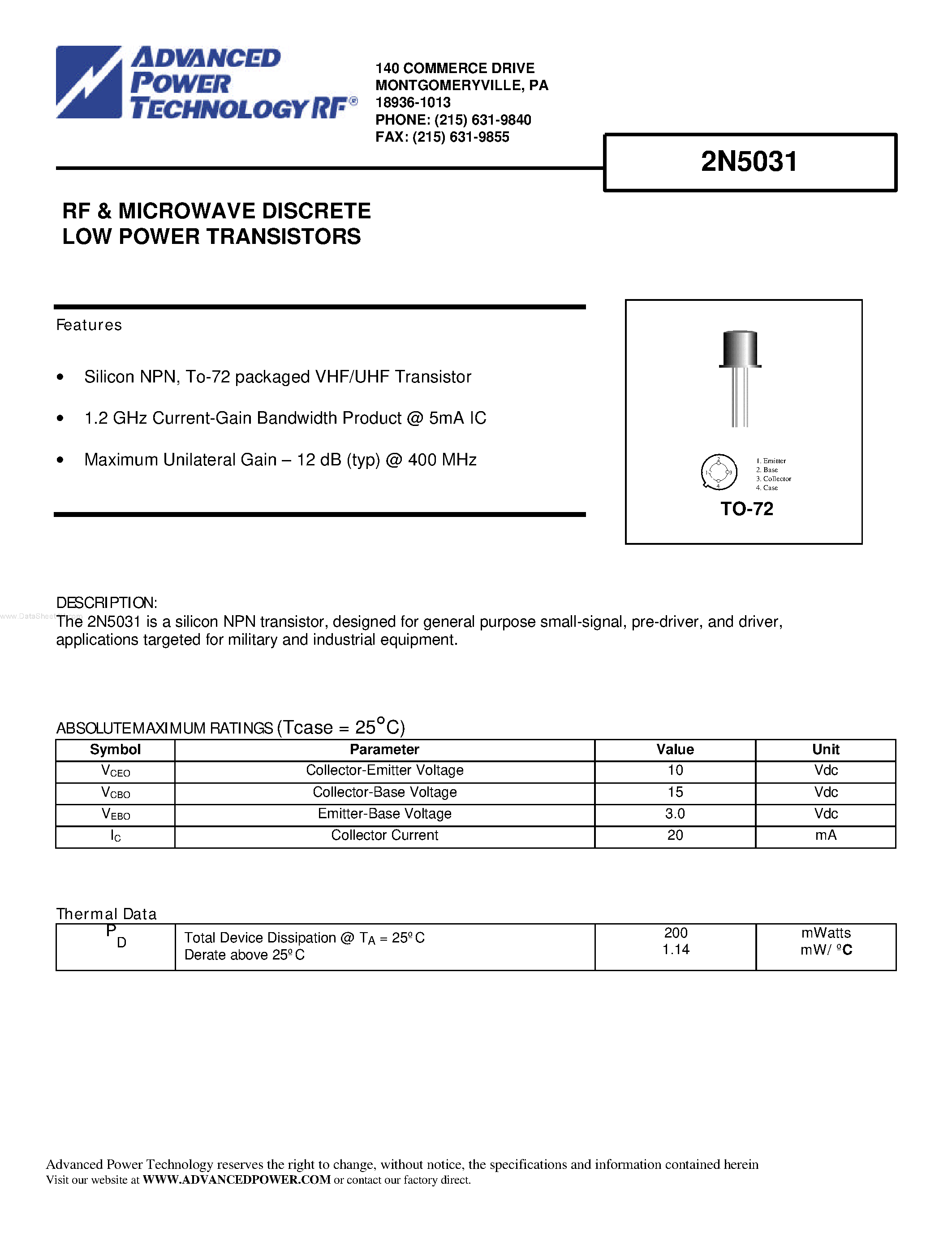 Даташит на микросхему 2N5031 страница 1 Даташит 2N5031 - RF & MICROWAVE DISCRETE LOW POWER TRANSISTORS страница 1